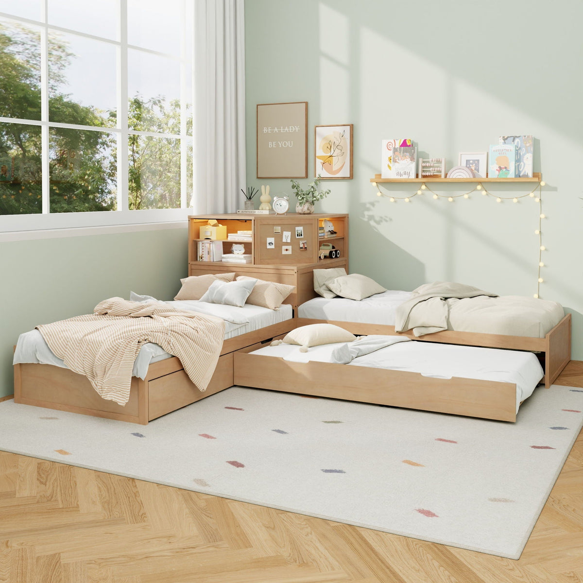 L-Shaped Bed Frame with Trundle, Desk & LED Lighting - Twin