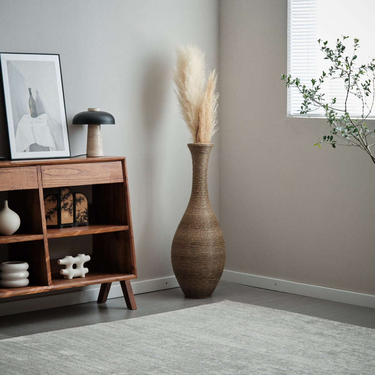 Tall Artificial Rattan Floor Vase with Artistic Design - Beige / Gray