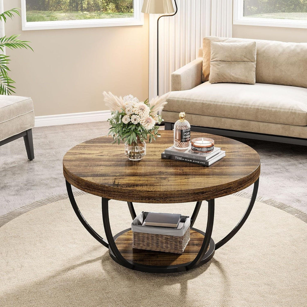 2 Tier Circle Coffee Table with Storage Shelves - White, Dark Brown, Dark Gray, Light Brown