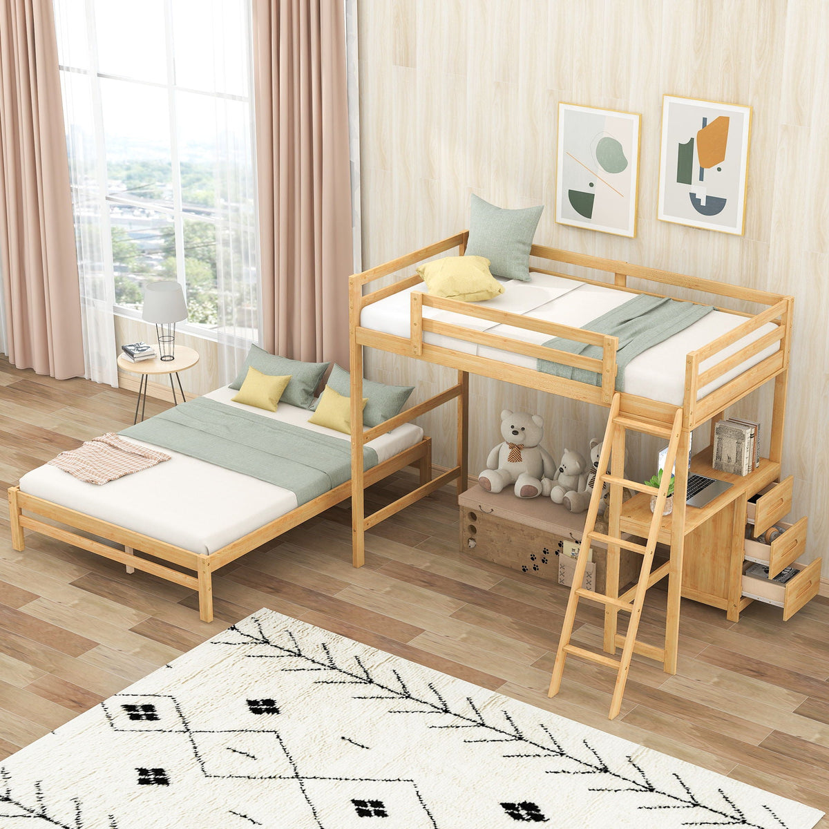 Bunk Bed with Built-In Desk and 3 Drawers - Twin over Full