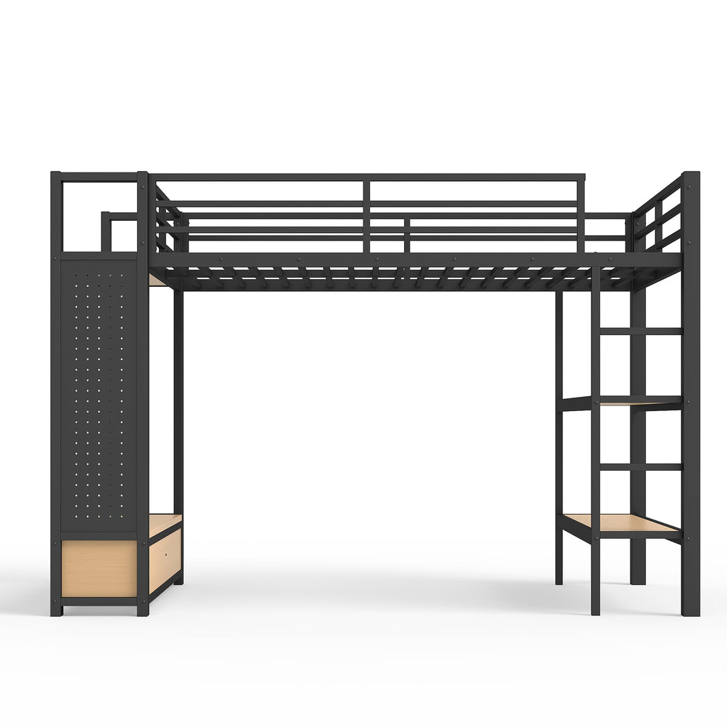 Twin XL Loft Bed Frame with Wardrobe and Shelves - Black