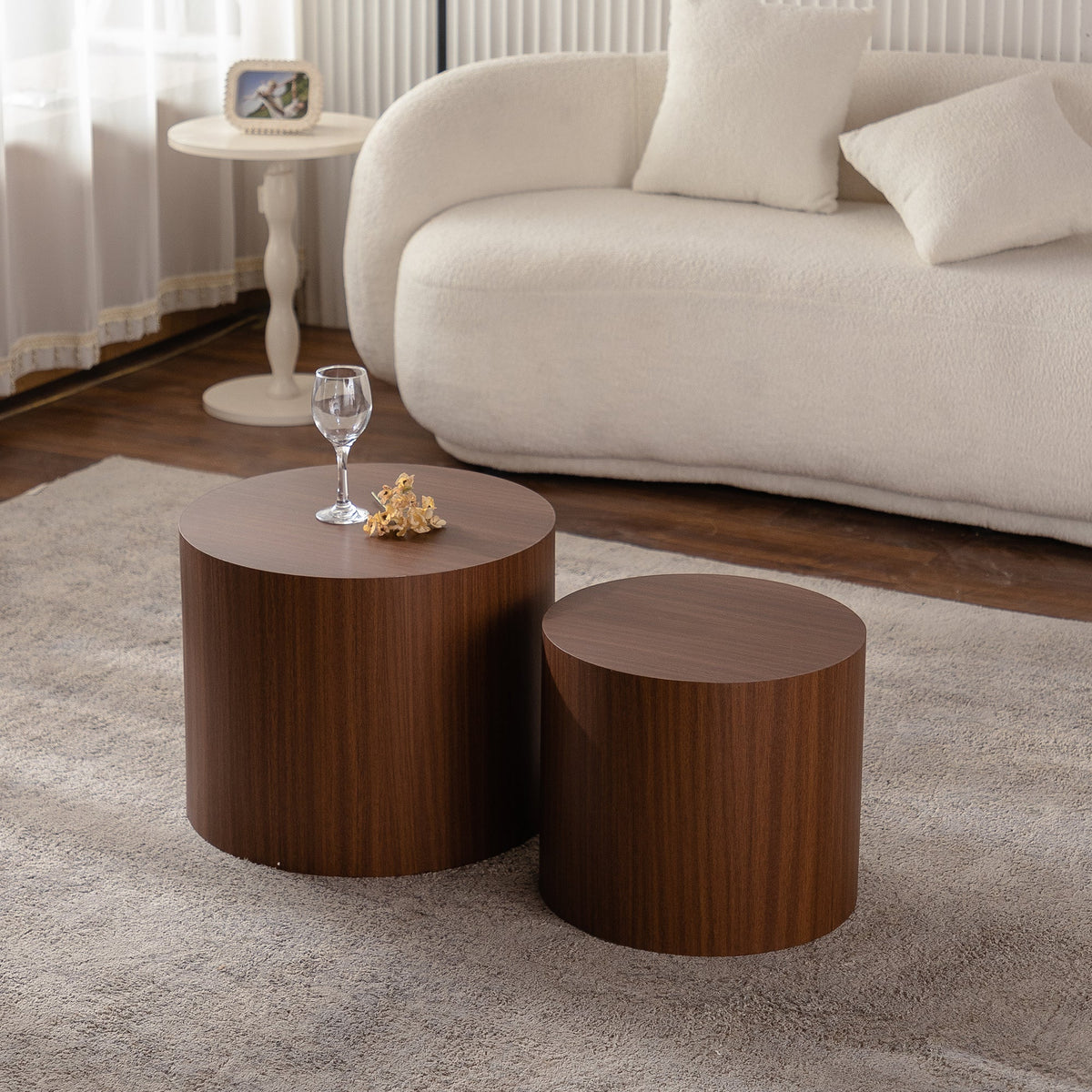 Nesting Coffee Table Set of 2 Round Wooden Tables with Space-Saving Design - Multiple Colors