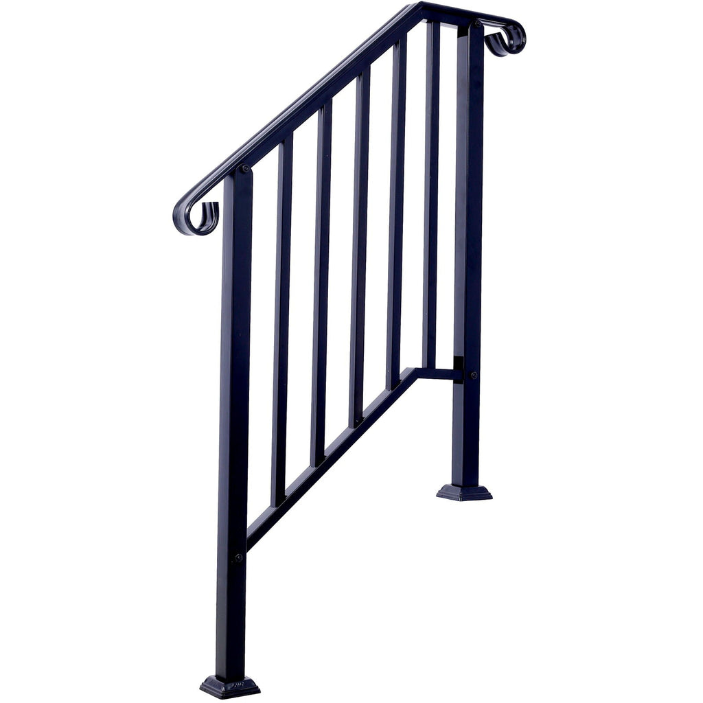 Wrought Iron Outdoor Handrail for 2 or 3 Steps with Rustproof Finish - Black
