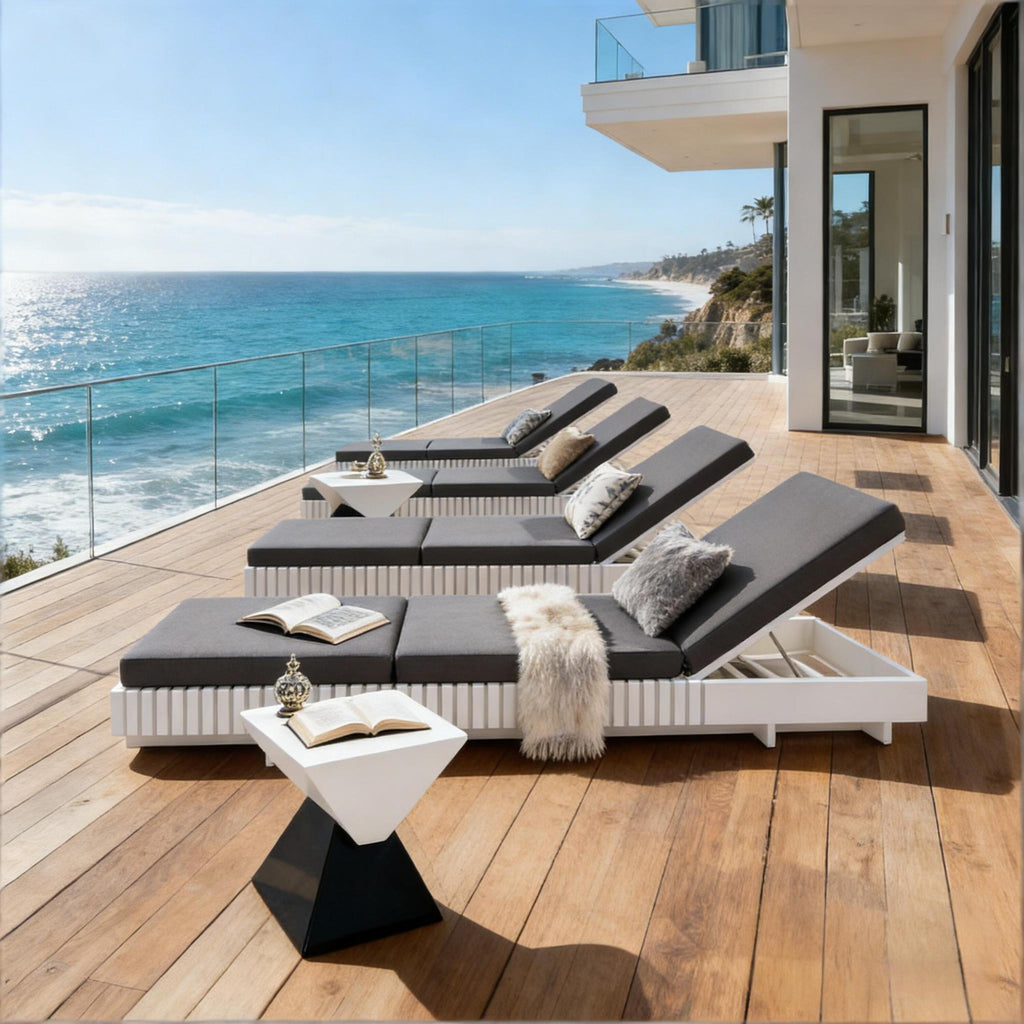 White Acacia Solid Wood Outdoor Chaise Lounge with Cushions - White
