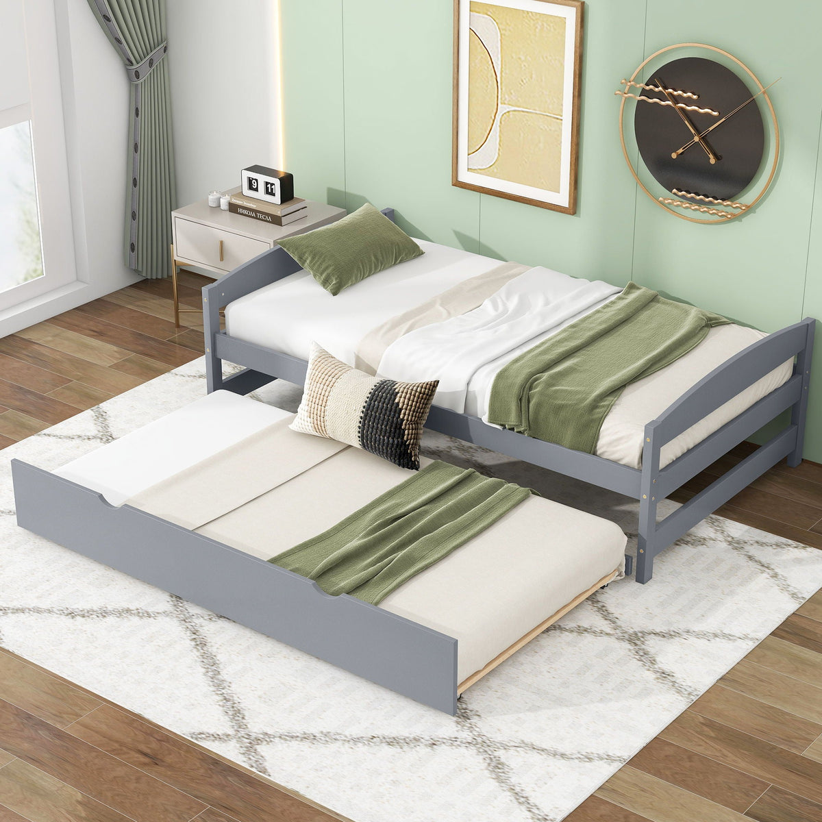 Twin Size Platform Bed with Trundle - Solid Wood Frame - Dark Gray or White