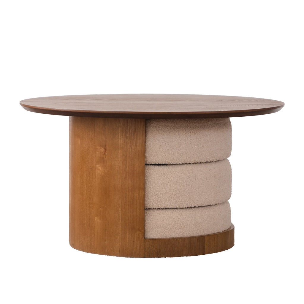 31.5" Round Wood Coffee Table with 3 Teddy Fabric Nesting Stools - Walnut