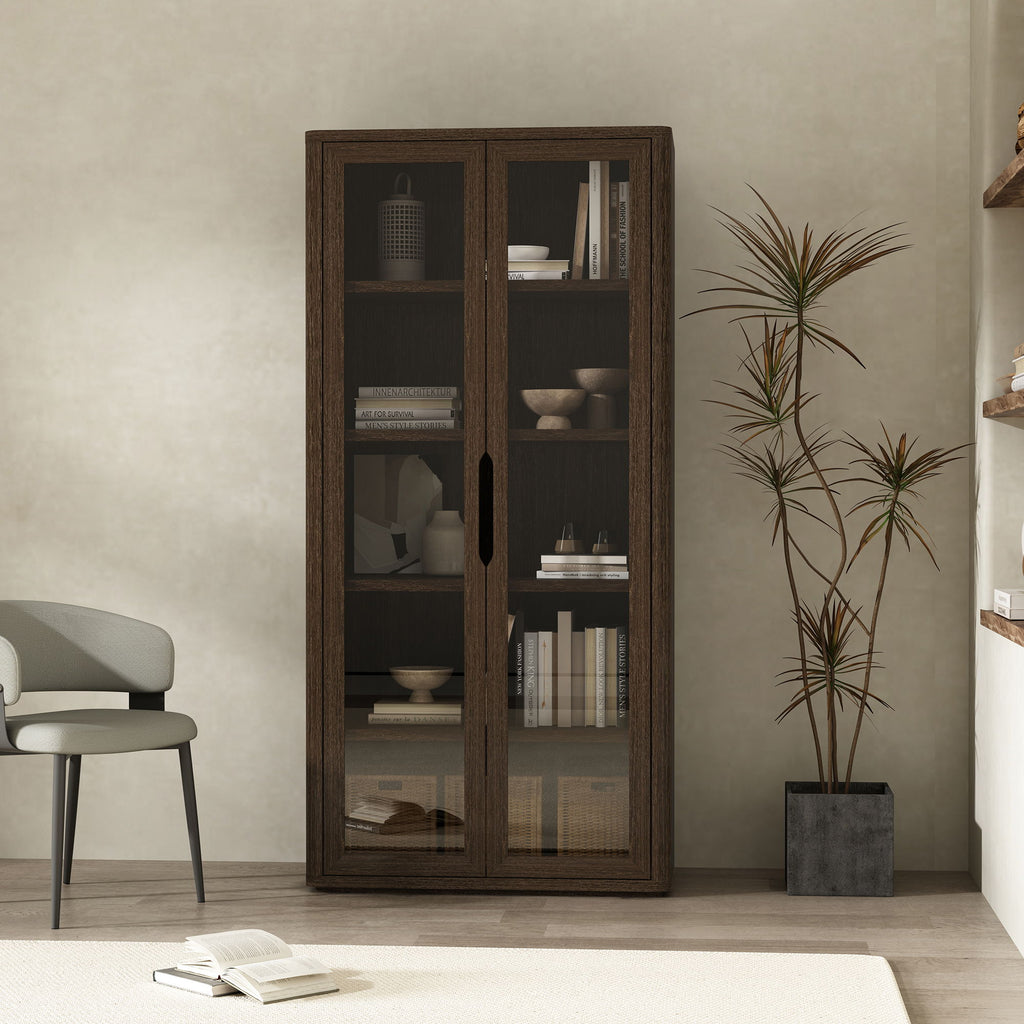 Bookcase Cabinet with Glass Doors and Adjustable Shelves - Light Brown, Dark Brown, Black