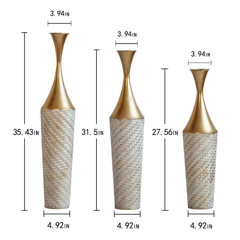 Champagne Floor Metal Vase 3-Piece Set with Woven Pattern - Modern Style