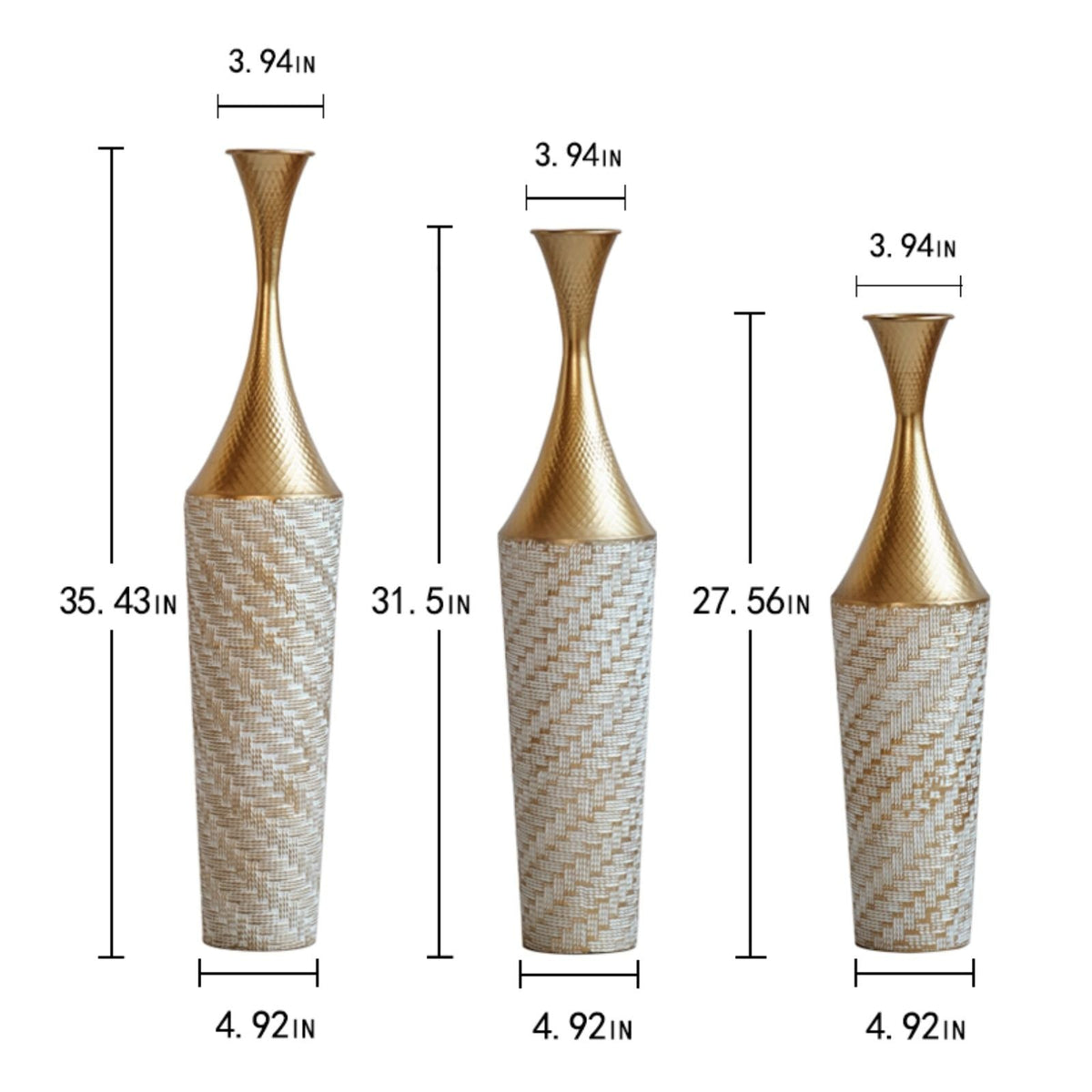 Champagne Floor Metal Vase 3-Piece Set with Woven Pattern - Modern Style
