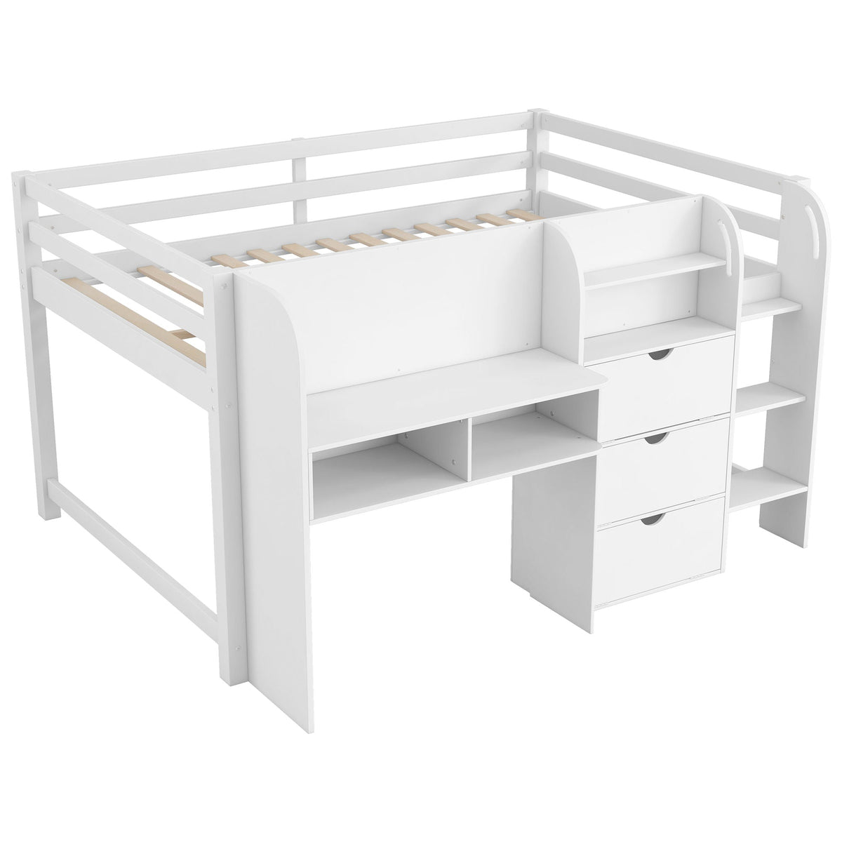 Low Loft Bed With Built In Desk, Storage Cabinets, Open Bookcase And Doodle Board