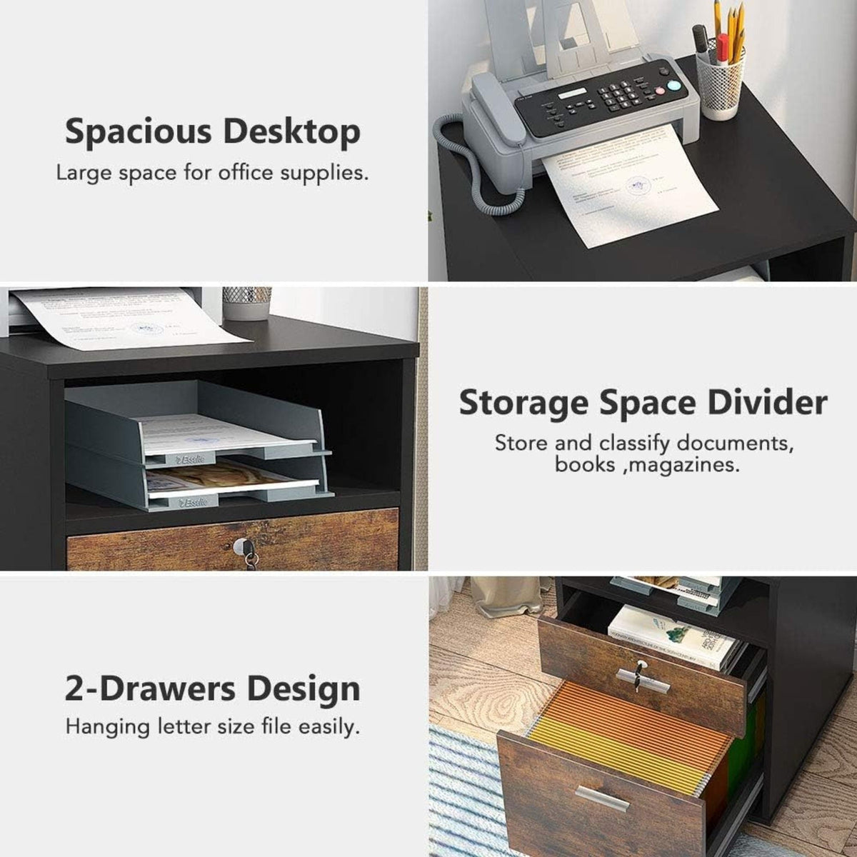 2 Drawer Mobile File Cabinet with Lock - Black/Brown