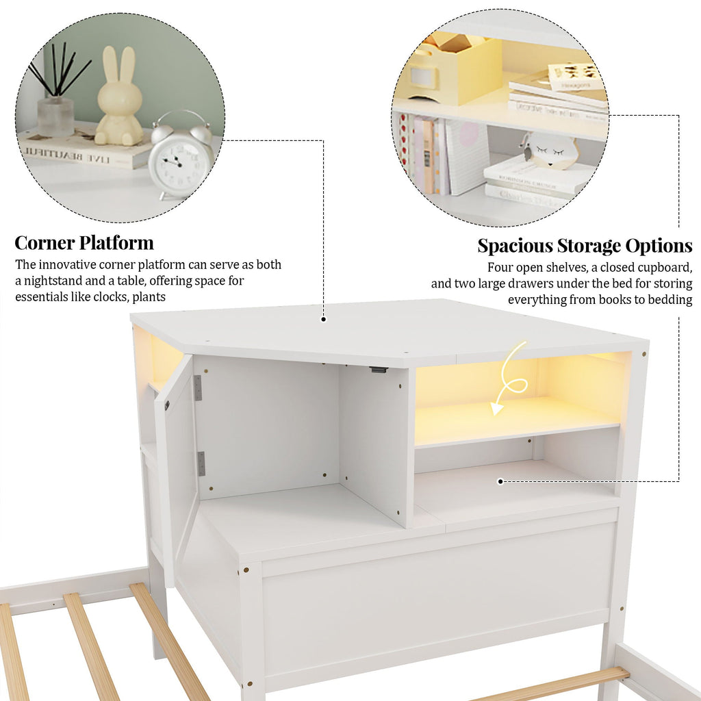 L-Shaped Bed Frame with Trundle, Desk & LED Lighting - Twin