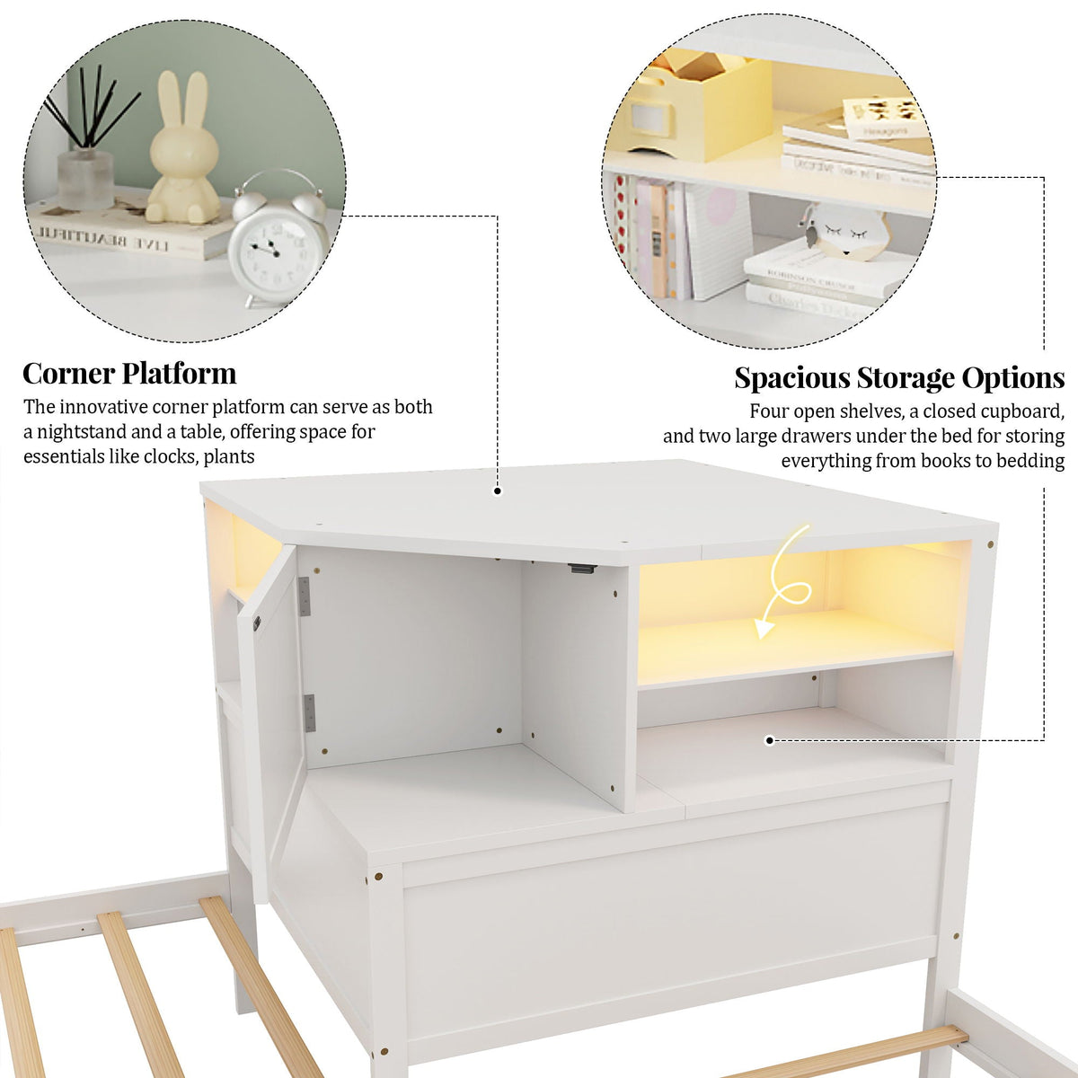 L-Shaped Bed Frame with Trundle, Desk & LED Lighting - Twin