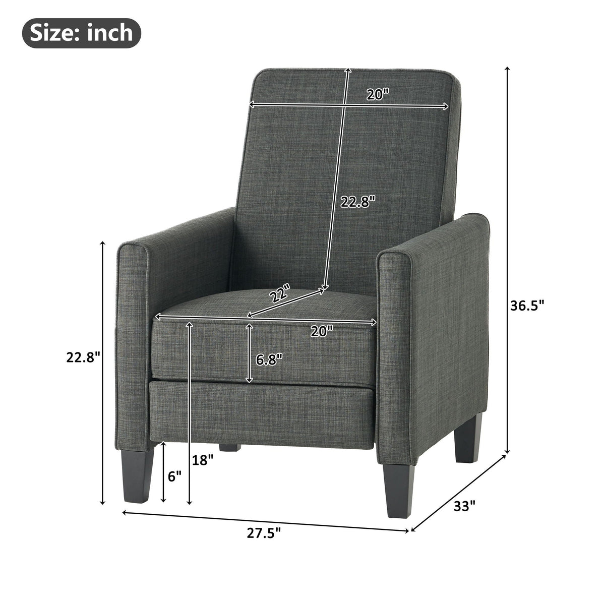 Upholstered Push Back Recliner Chair with Adjustable Recline - Multiple Colors