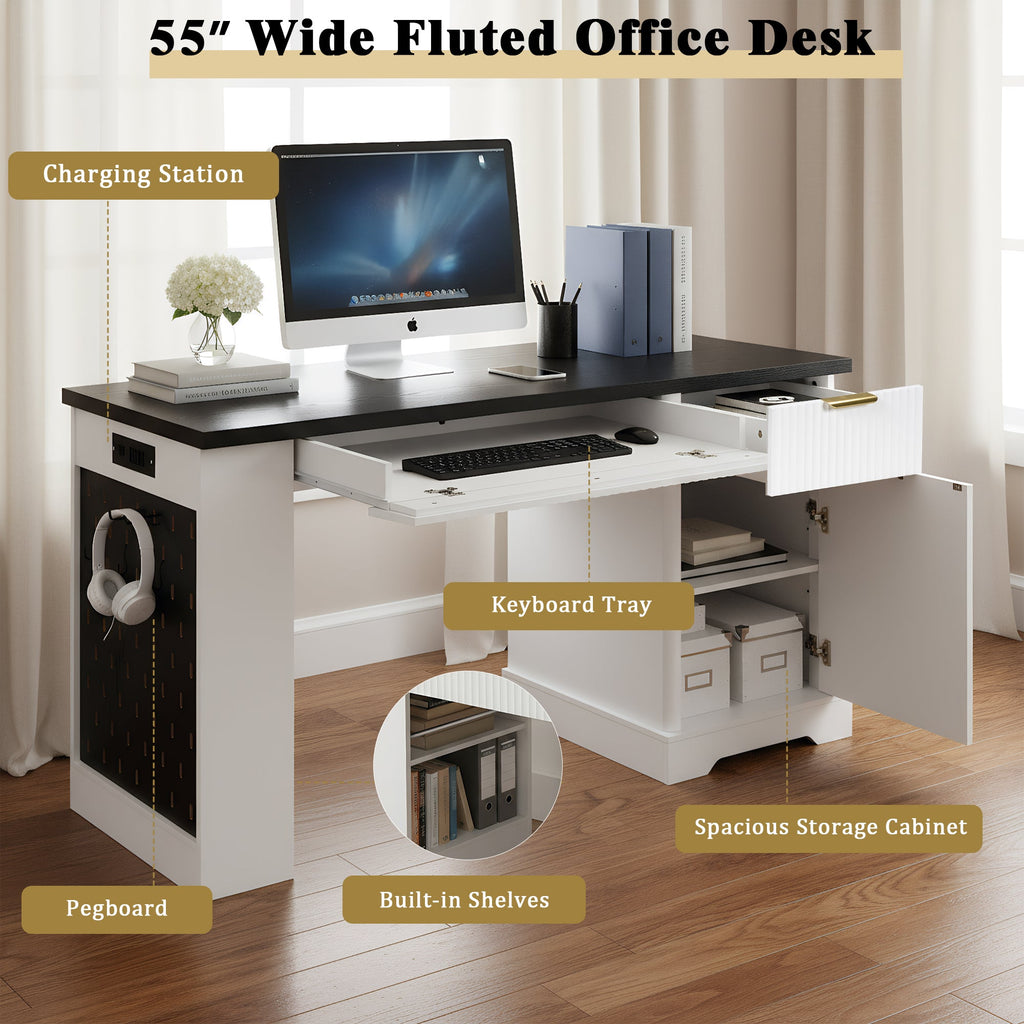 55" Modern Fluted Office Desk with Storage Cabinet & Drawers - MDF