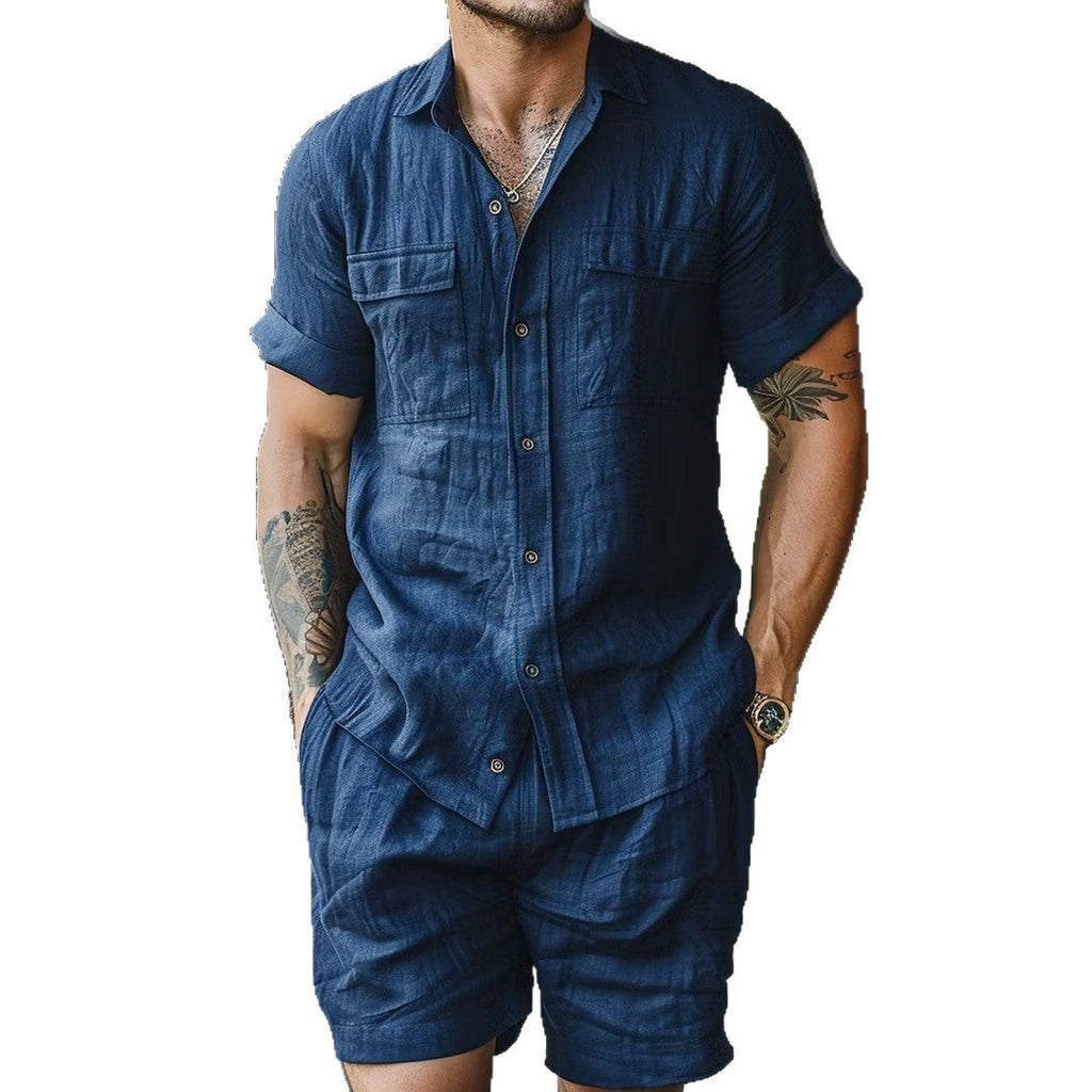 Relaxed-fit Linen Outdoor Casual Beach Multi-pocket Lapel Workwear Short-sleeve Shirt And Shorts Set