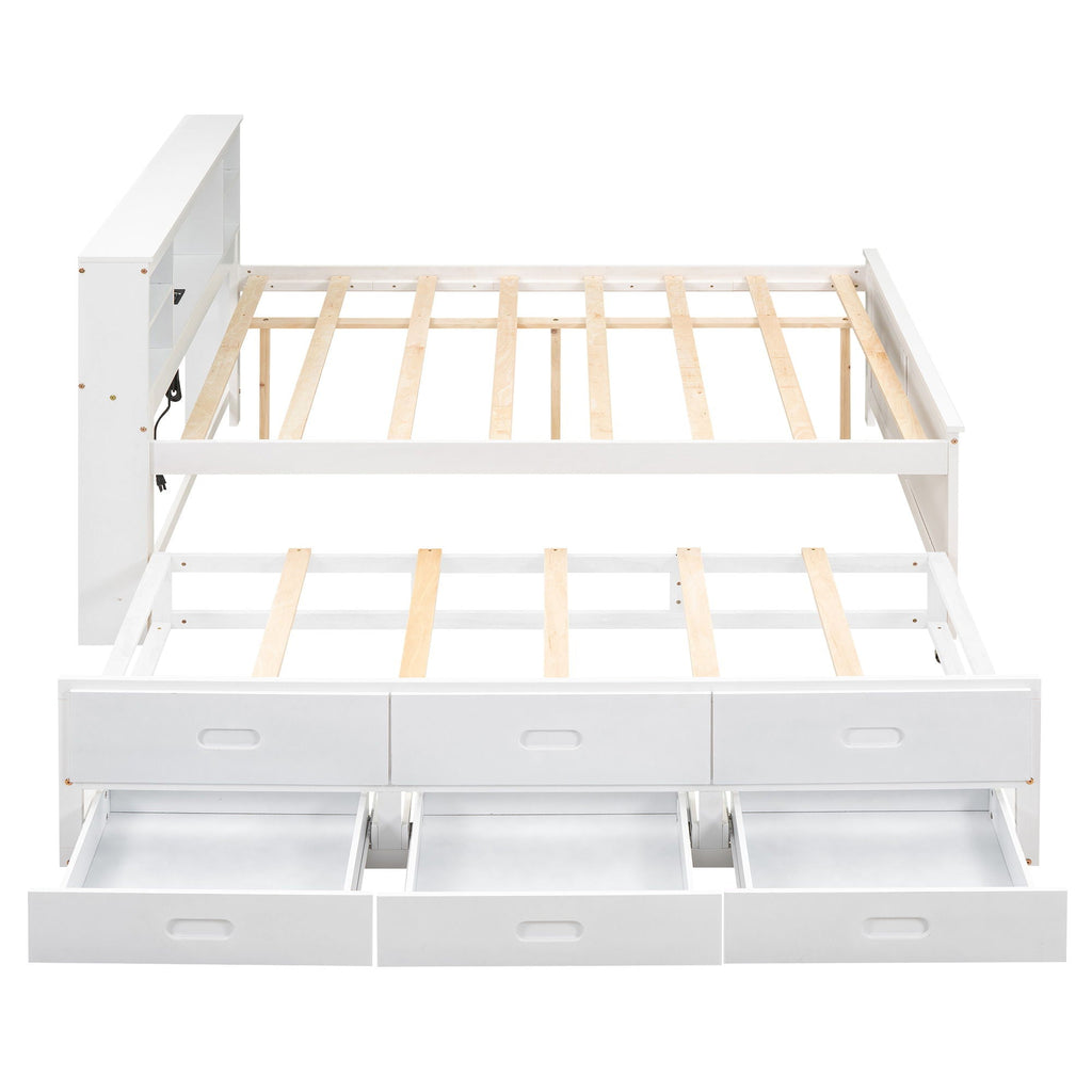 Platform Bed with Storage Headboard, USB, Trundle & 3 Drawers - Twin or Full