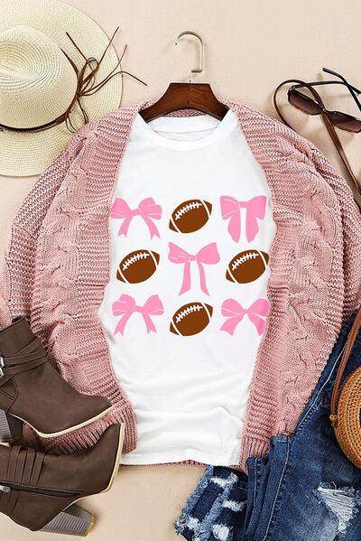 Football & Bow Round Neck Short Sleeve T-Shirt for Women