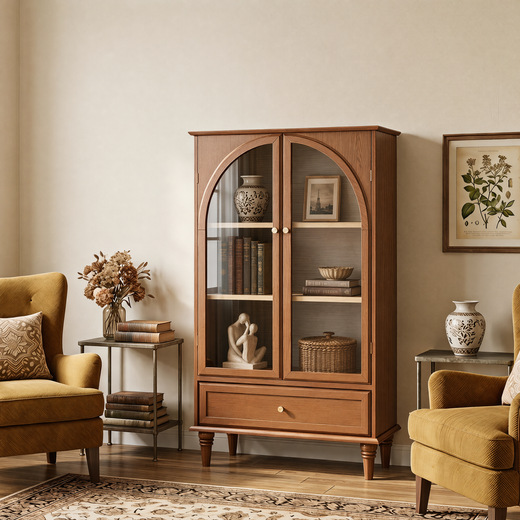 Vintage Farmhouse Arched Glass Accent Cabinet with Arched Glass Doors - Antique Glaze