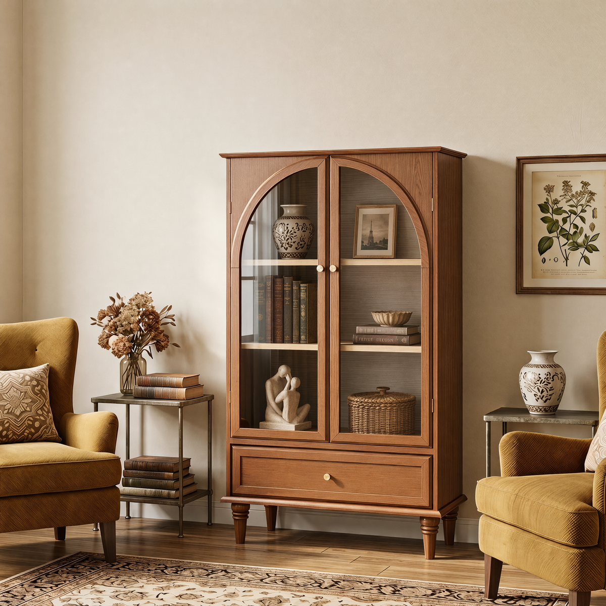 Vintage Farmhouse Arched Glass Accent Cabinet with Arched Glass Doors - Antique Glaze