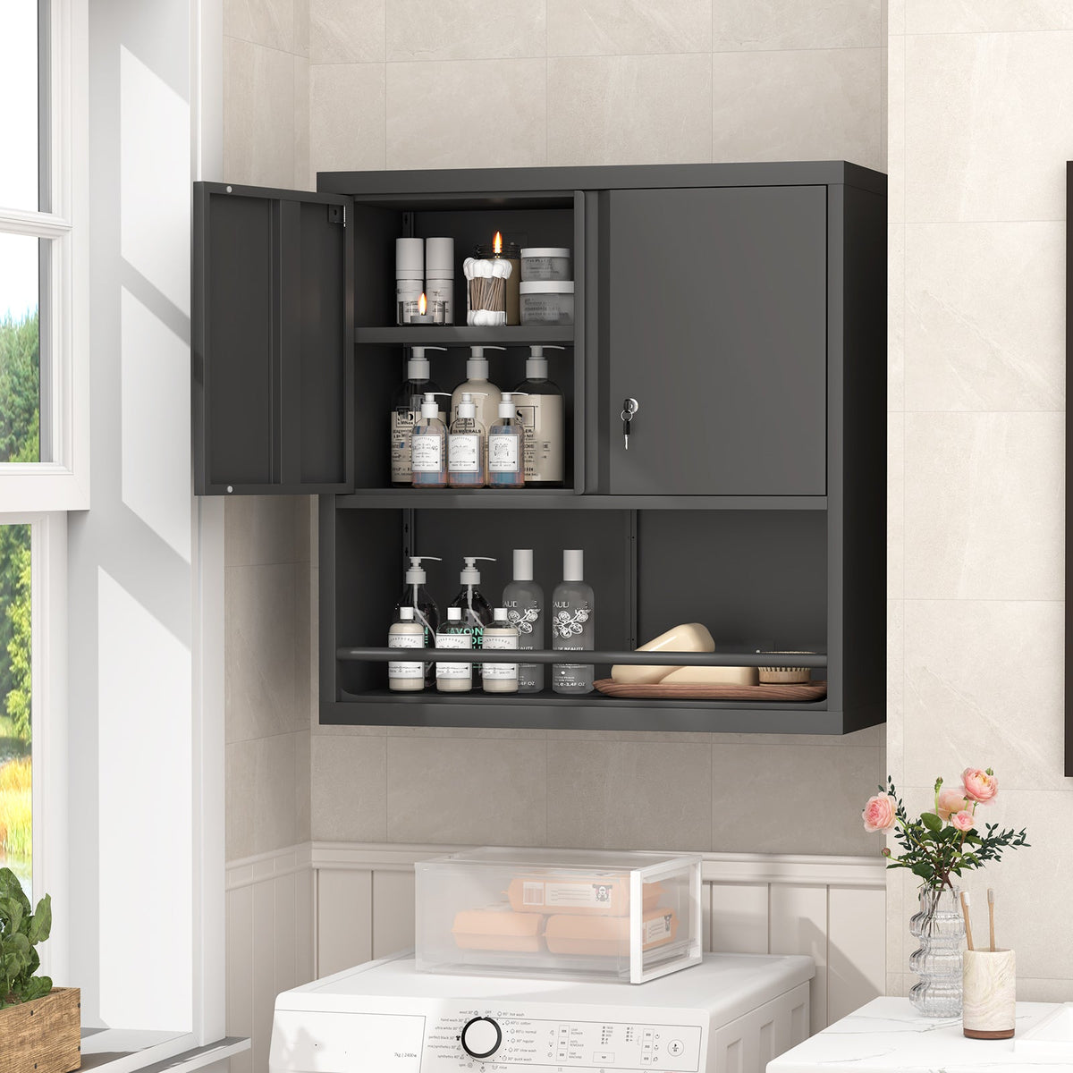 Metal Adjustable 2 Doors Storage Cabinet with Adjustable Shelves - Black