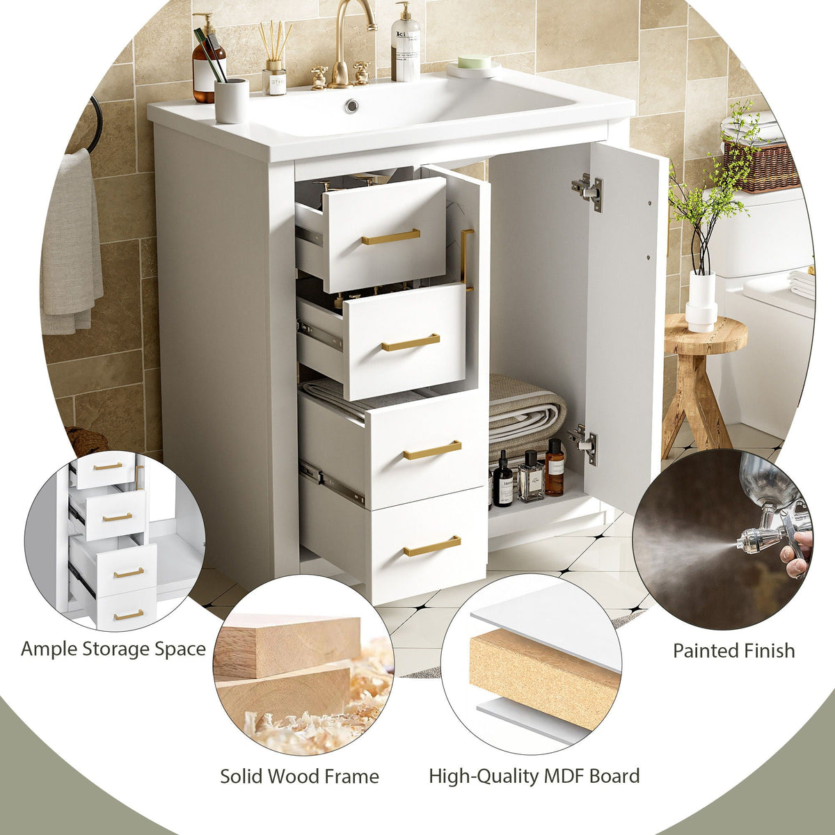 Ceramic Sink Vanity Combo with 3 Drawers and Soft Closing Doors - 30"
