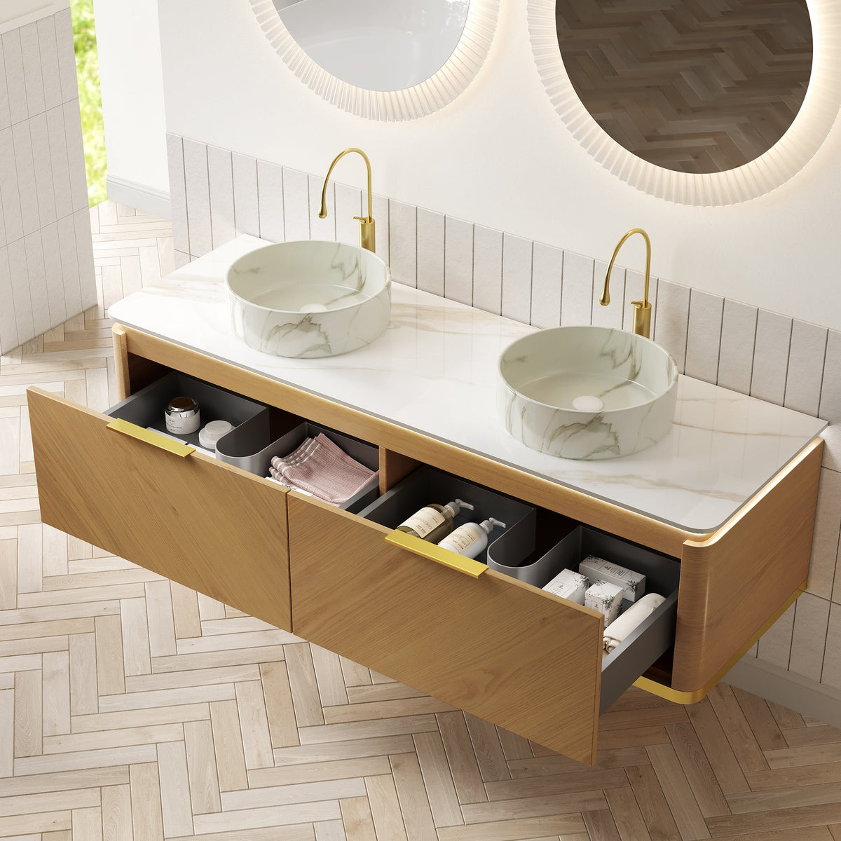 60" Bathroom Vanity with Sintered Stone Top and Ceramic Sinks - Dark Walnut