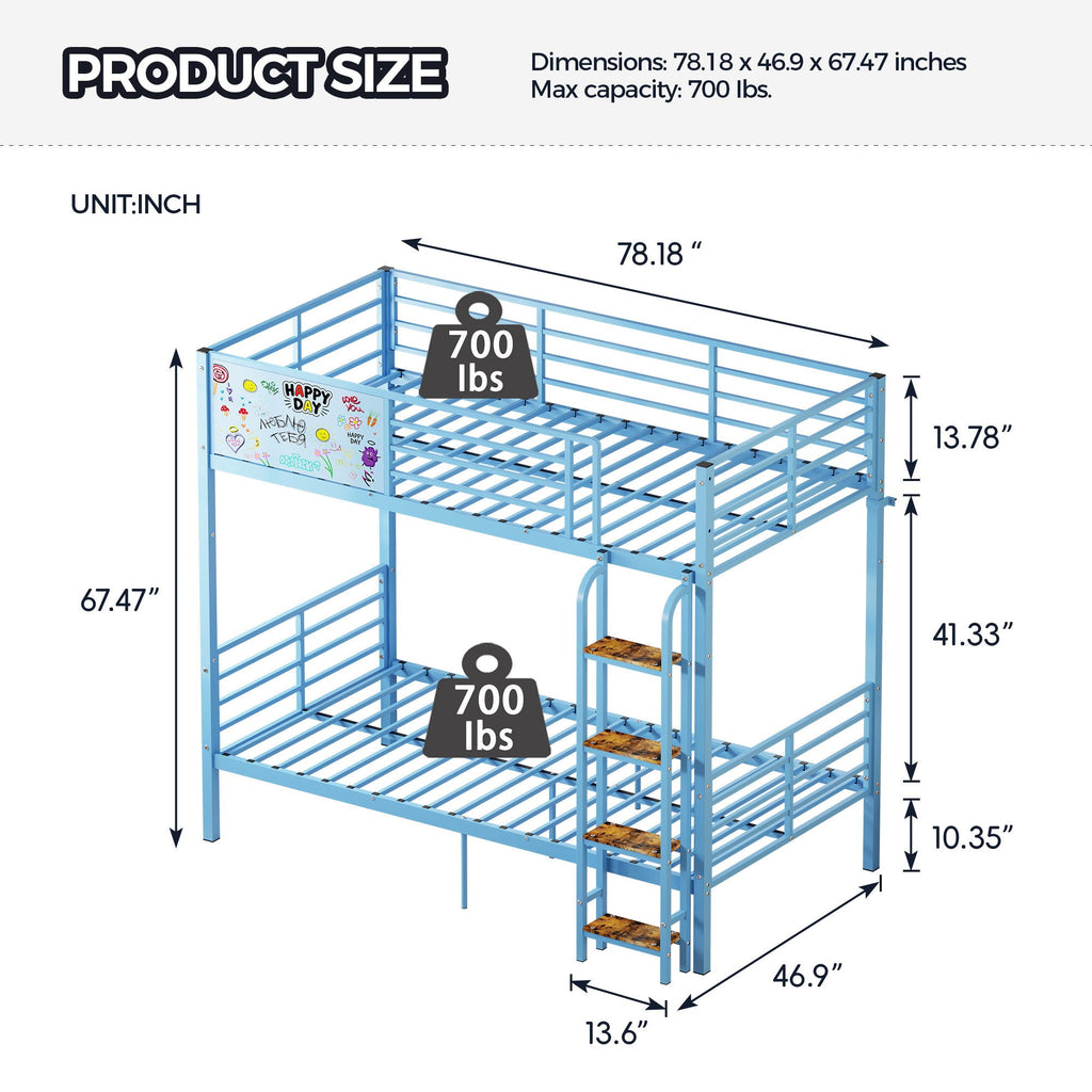 Blue Convertible Twin Bunk Bed with Guardrail and Ladder