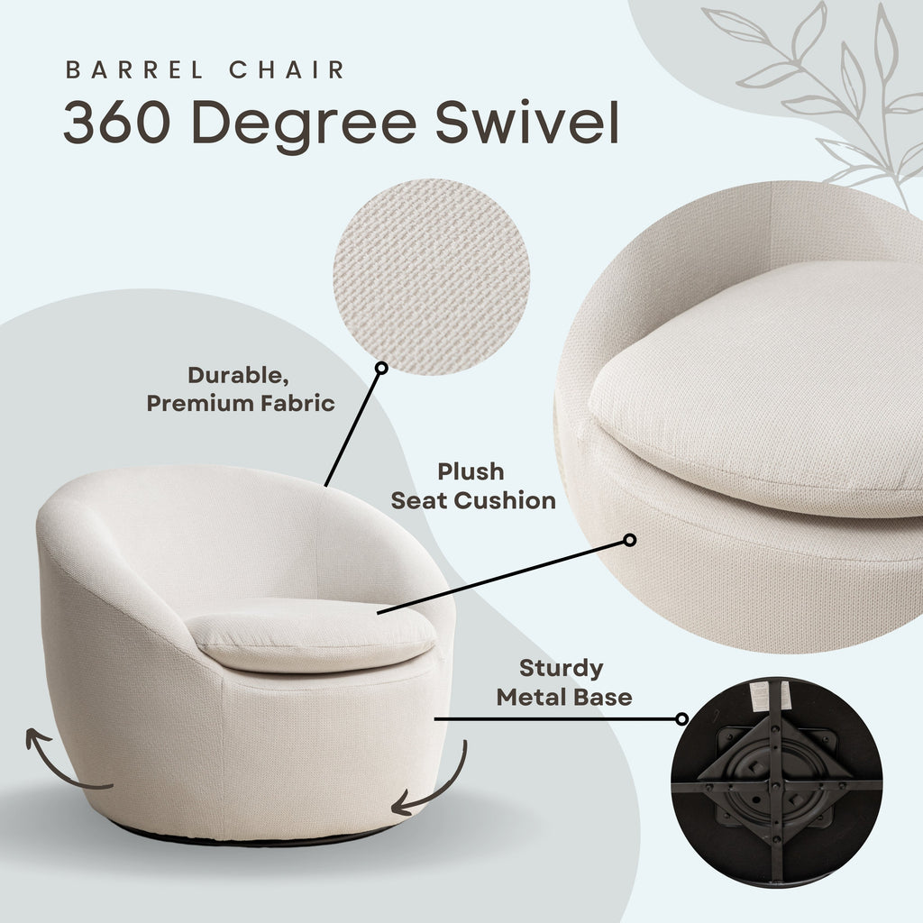 Winnie Modern Teddy Fabric Barrel Chair with 360° Swivel - Beige