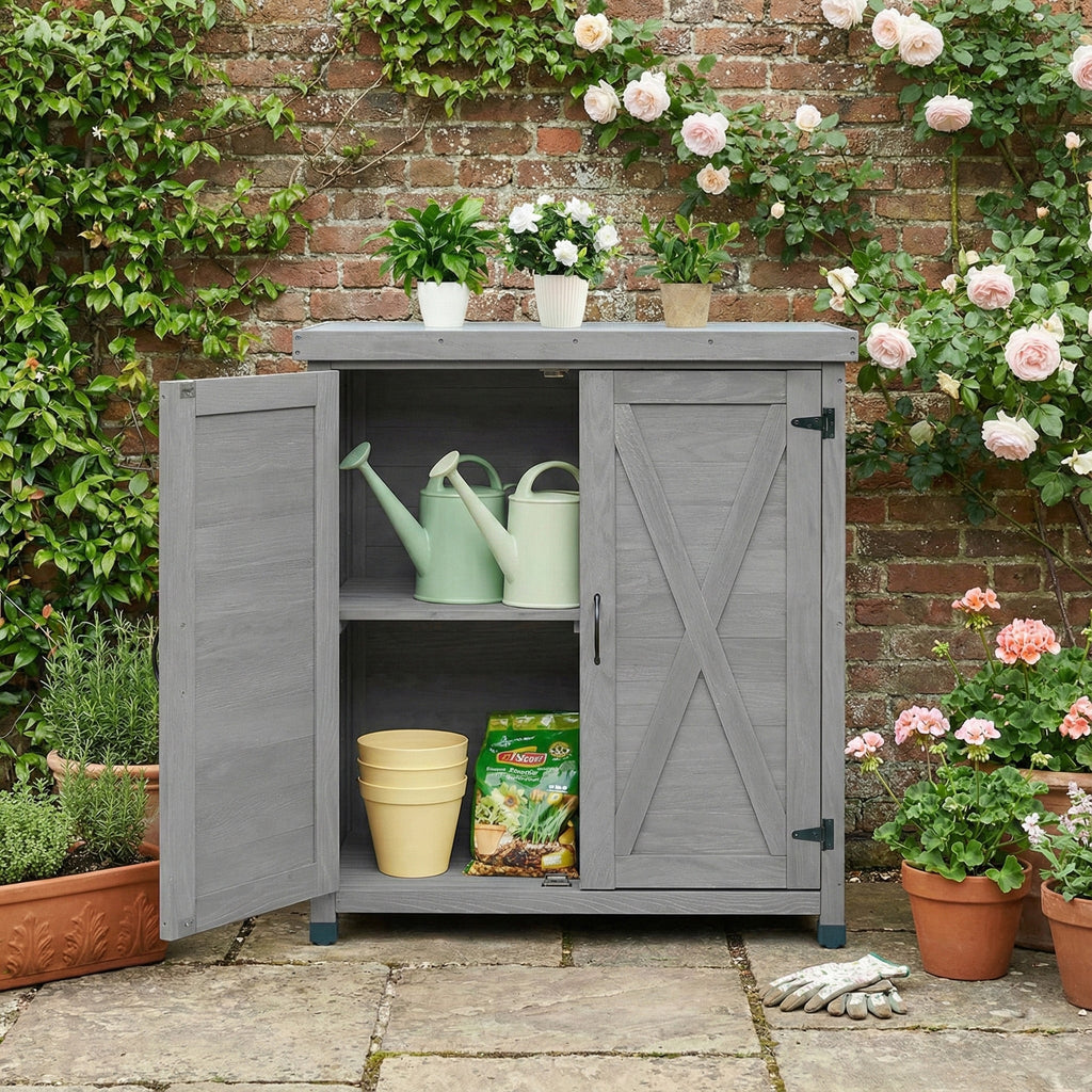 Potting Bench with Metal Top and Storage Cabinet - Solid Wood