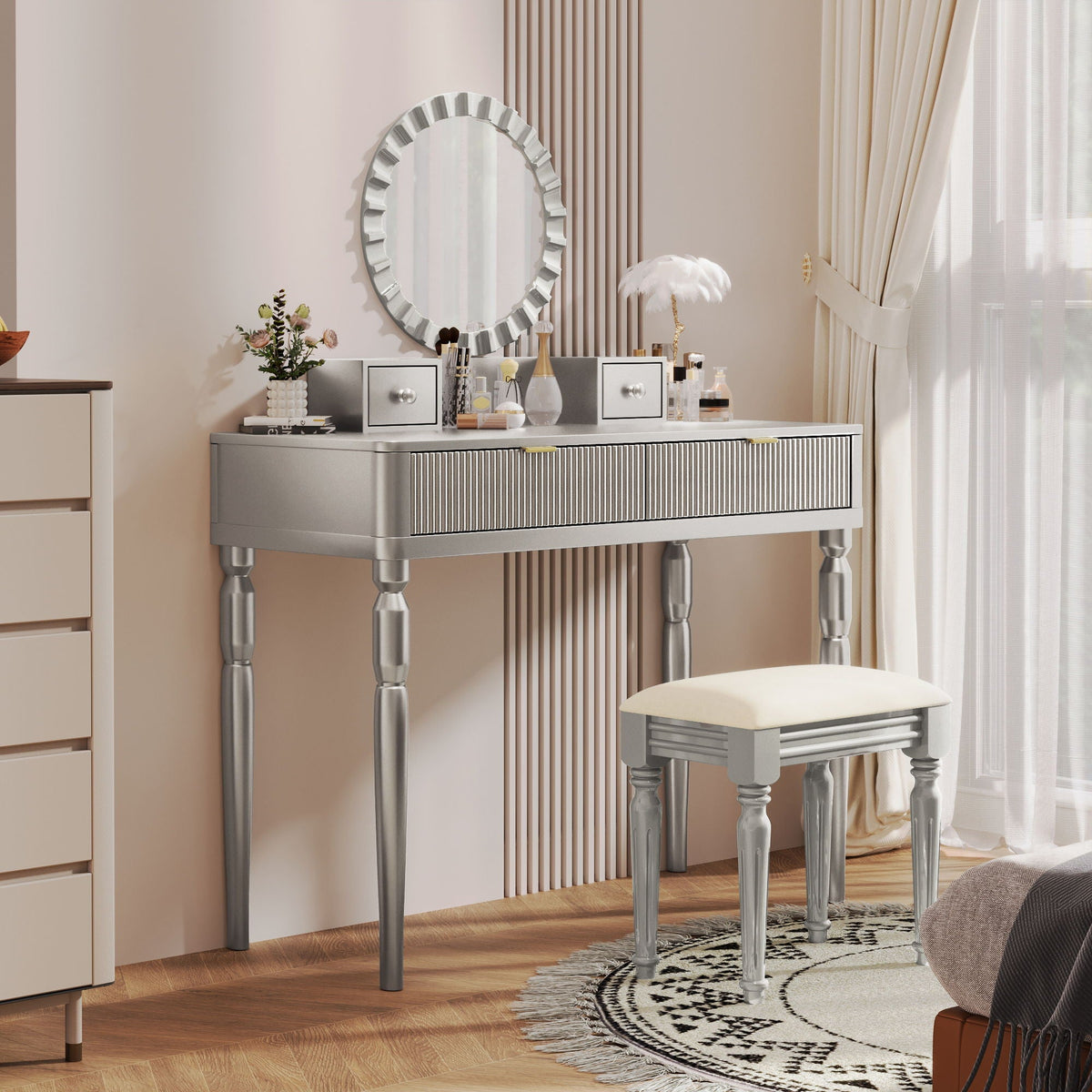 Luxury Vanity Desk with Height Adjustable Mirror - Silver