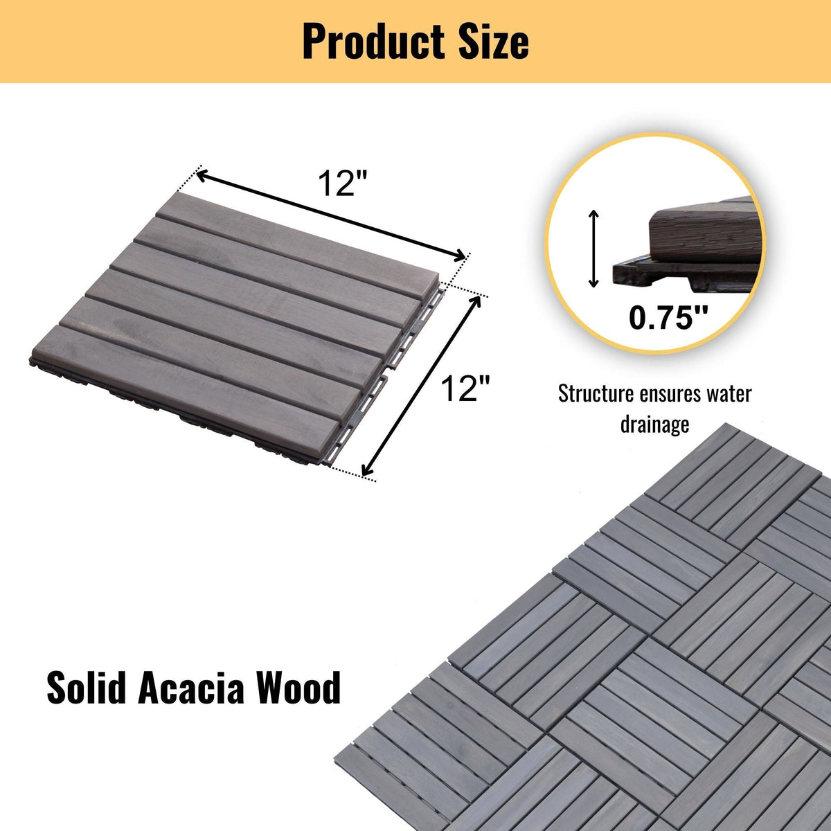 Interlocking Deck Tiles Striped Pattern Waterproof Brown