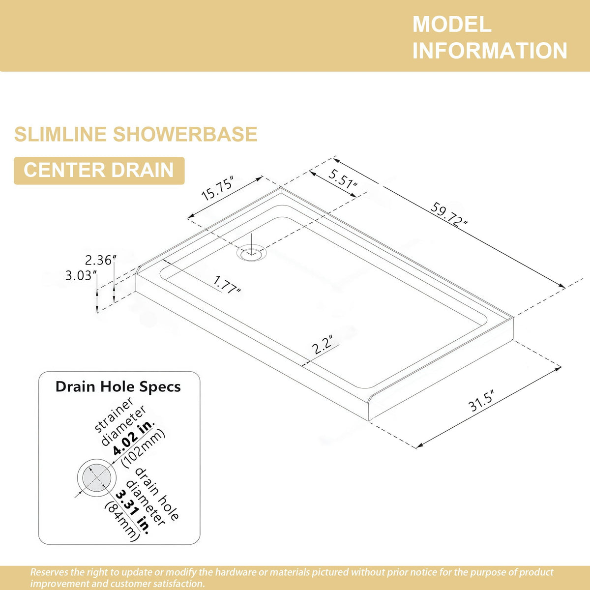 Shower Base Drain with Single Threshold Design - White