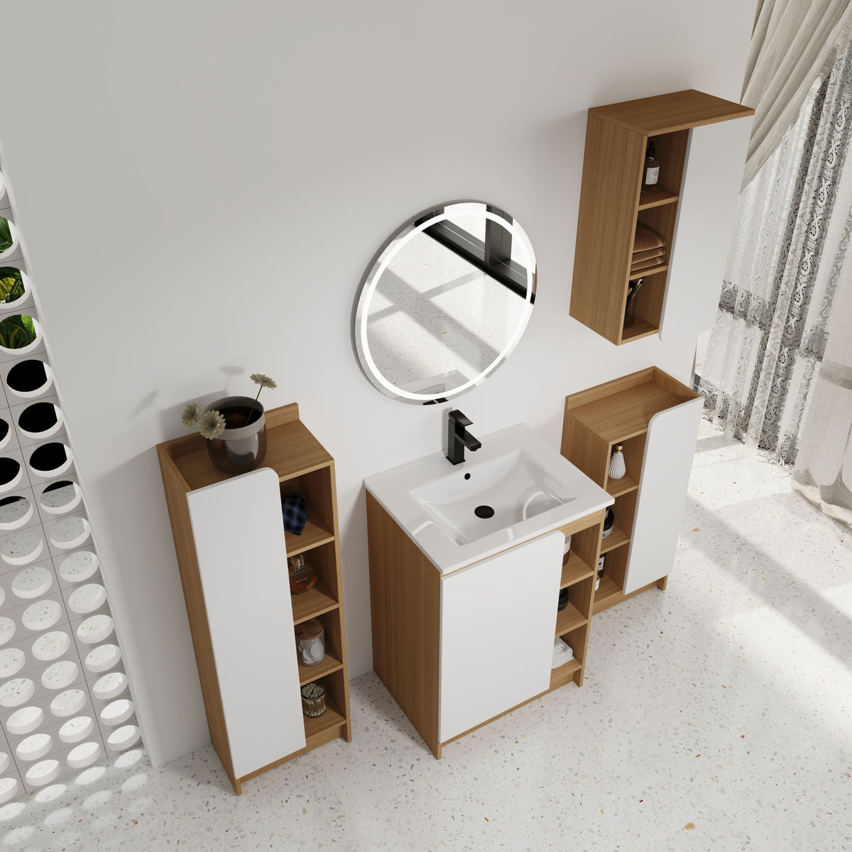 4 Piece Bathroom Vanity Set with Integrated Ceramic Sink and Storage - Black, Light Oak, White