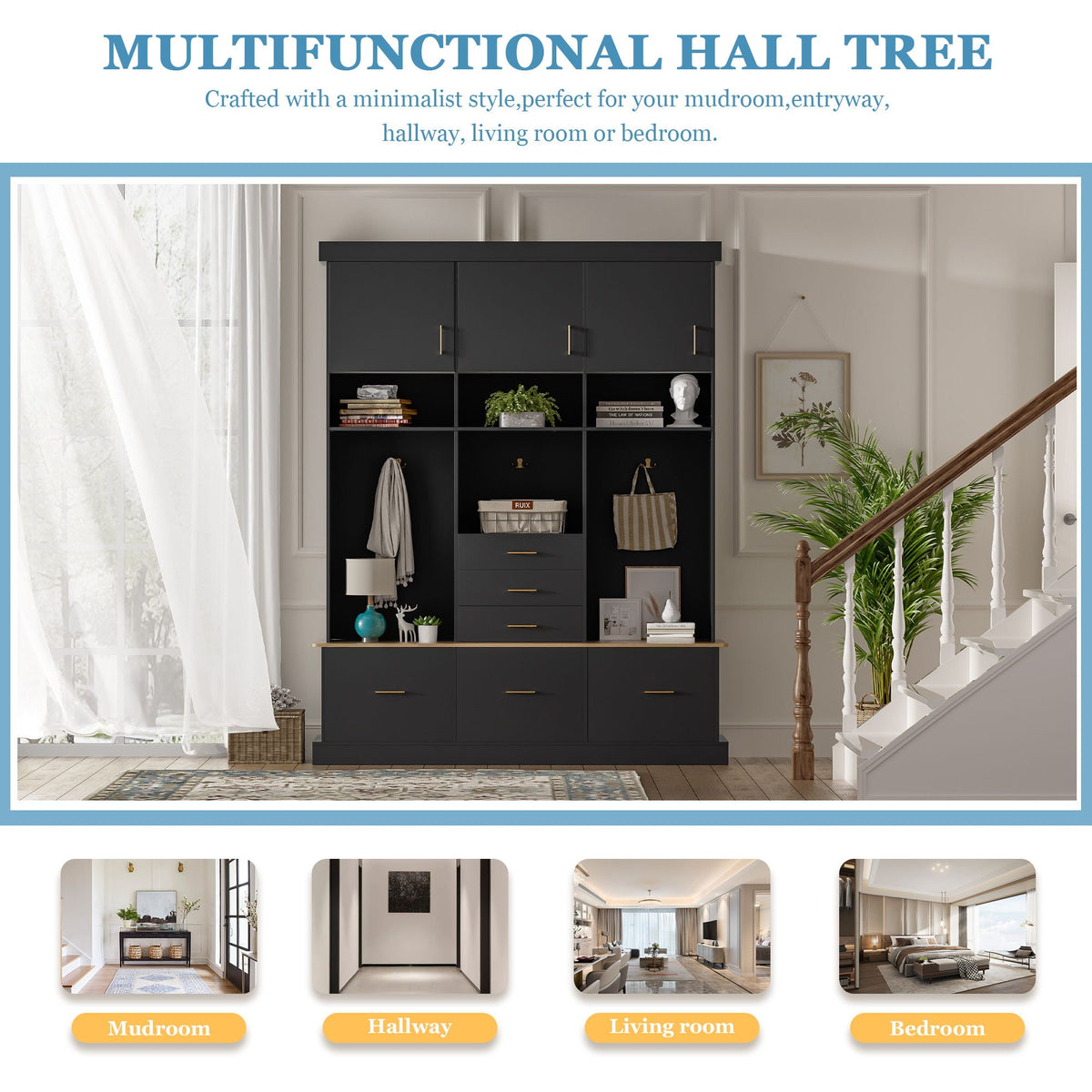 Entryway Hall Tree With Bench and Storage, 5 in 1 Coat Rack – Black or White