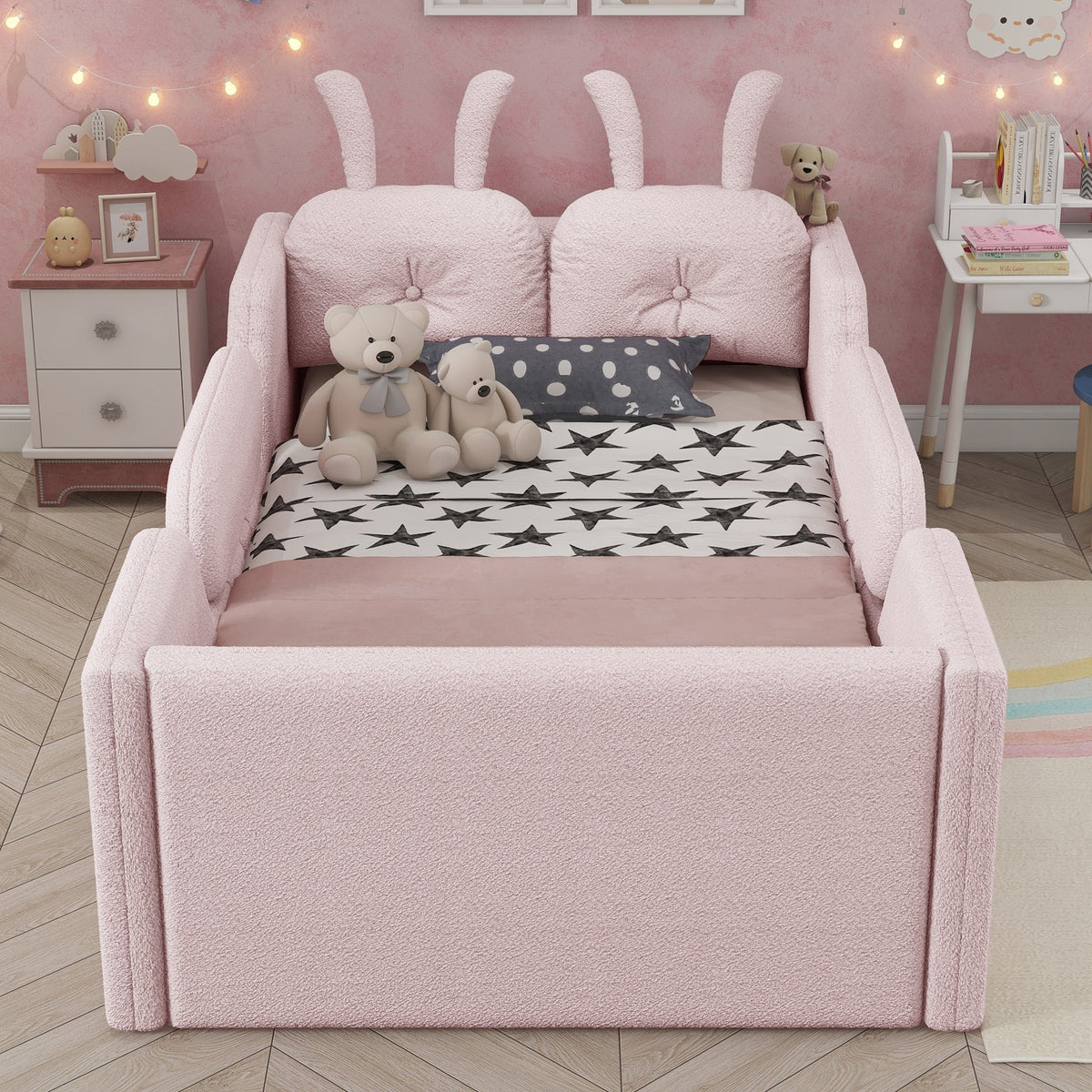 Twin Size Upholstered Platform Bed with Rabbit Cushion – Pink