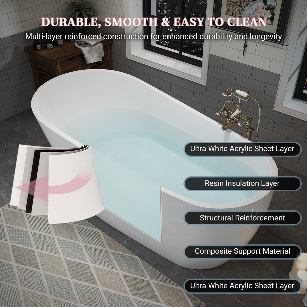 55" Acrylic Freestanding Bathtub with Deep Soaking Design - White
