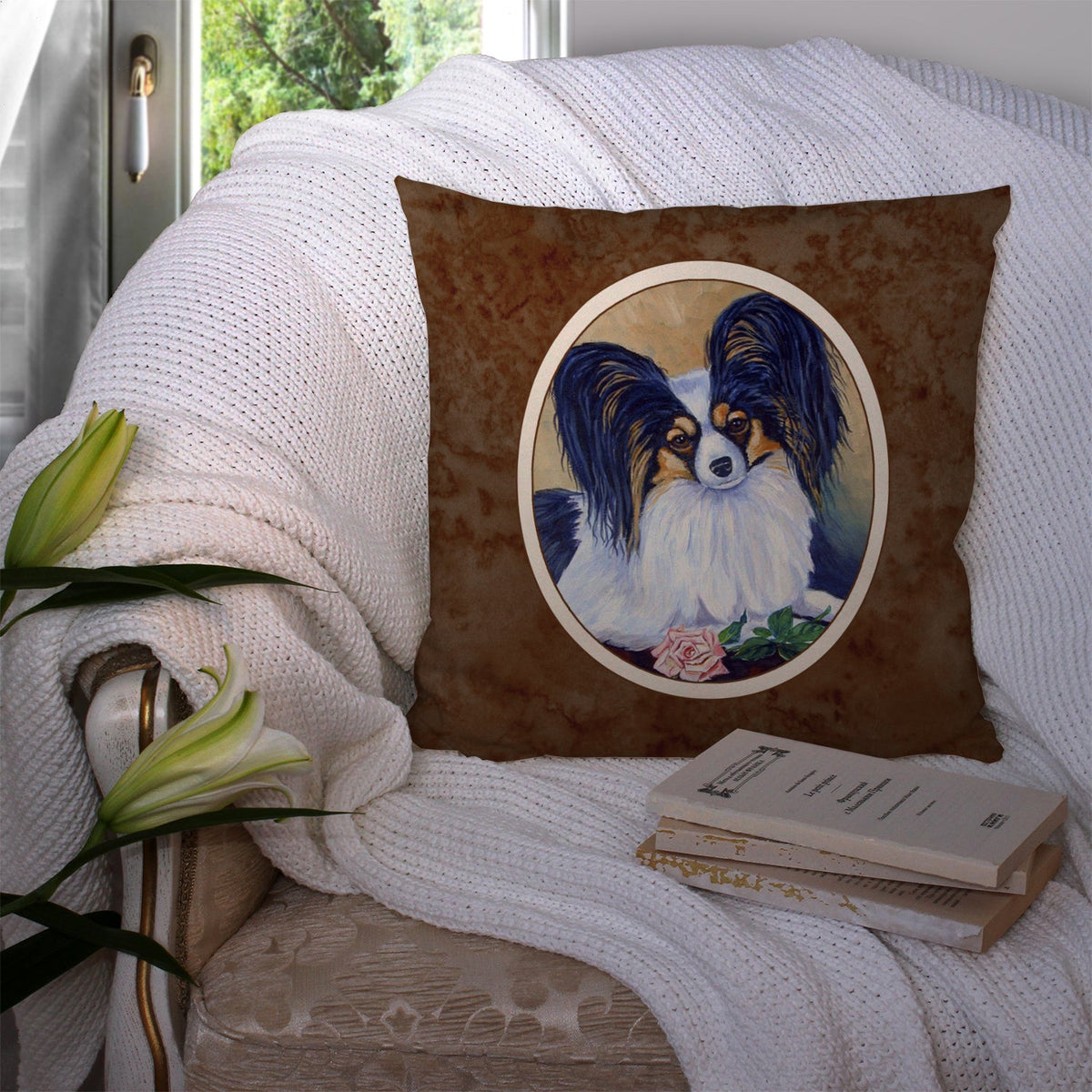 Papillon A Rose for you Decorative Throw Pillow 14x14 Indoor Outdoor Accent Cushion, Fabric Cover with Insert for Sofa, Bed, Porch & Living Room