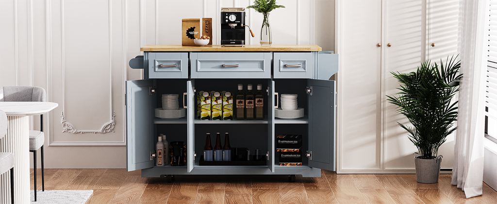 54" Large Kitchen Island with Rubber Wood Drop Leaf and Storage - Brown