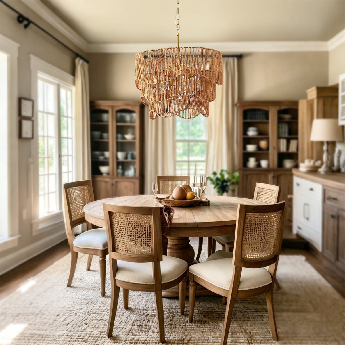 Handwoven Paper Rattan Boho Chandelier with 7-Light E26 Base - Natural
