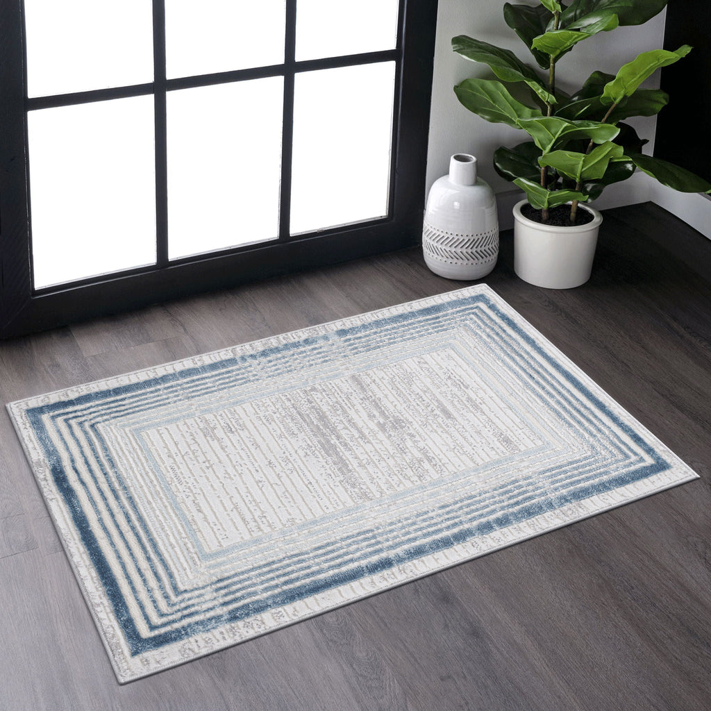 Bordered Area Rug with Stain Resistance - Blue or Light Brown