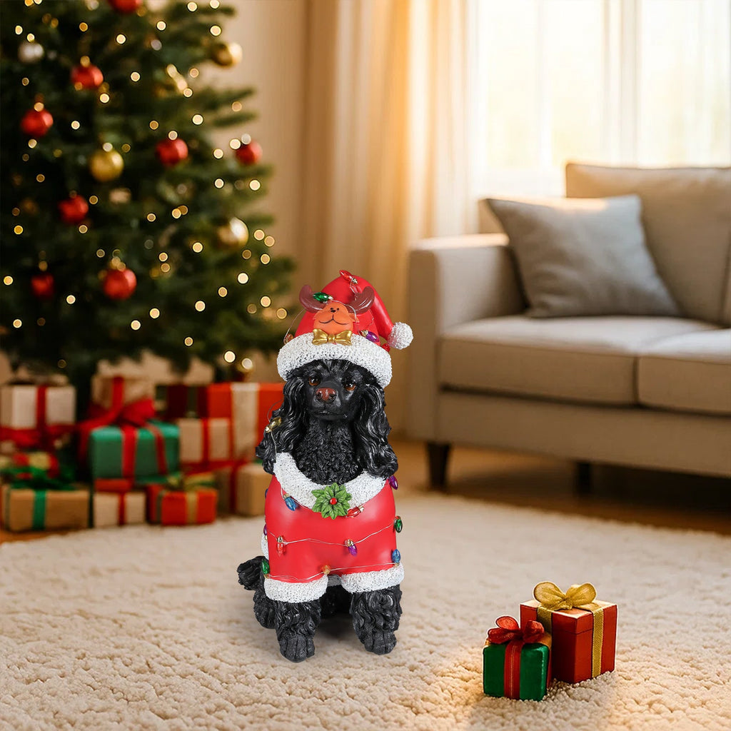 Festive Black Poodle Christmas Statue with Santa Outfit - Black+Red