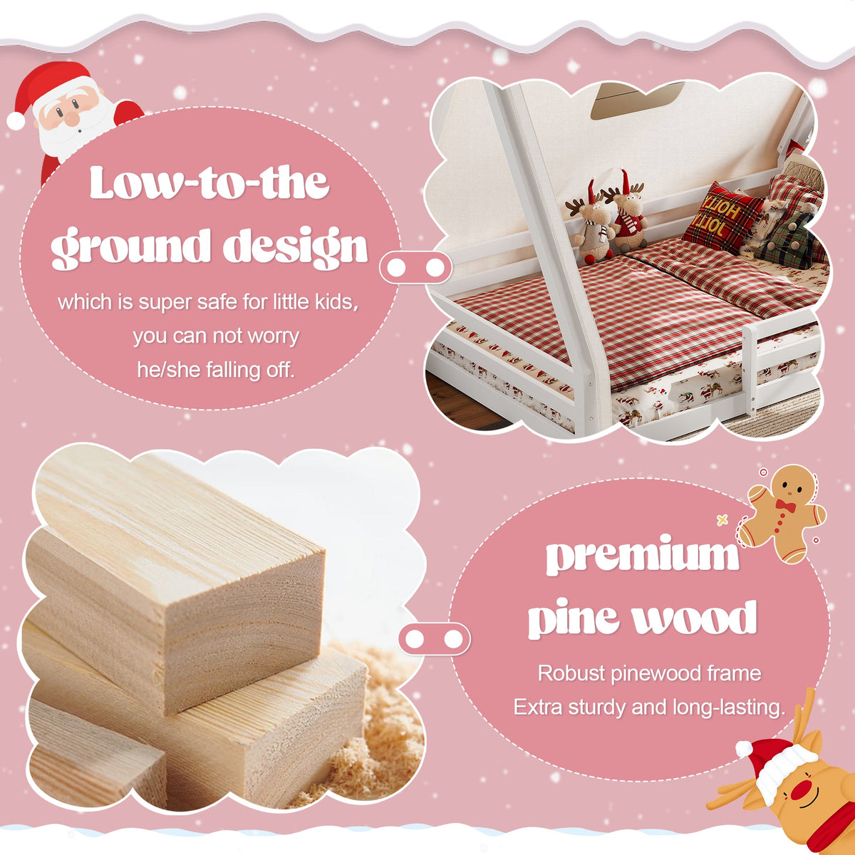 Full Size House Floor Bed with Tent and Light - Pine, MDF, and Plywood