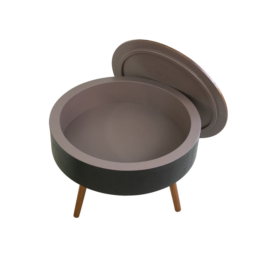 Round Coffee Table with Storage Function - Carved Wood Top - Dark Brown or Black
