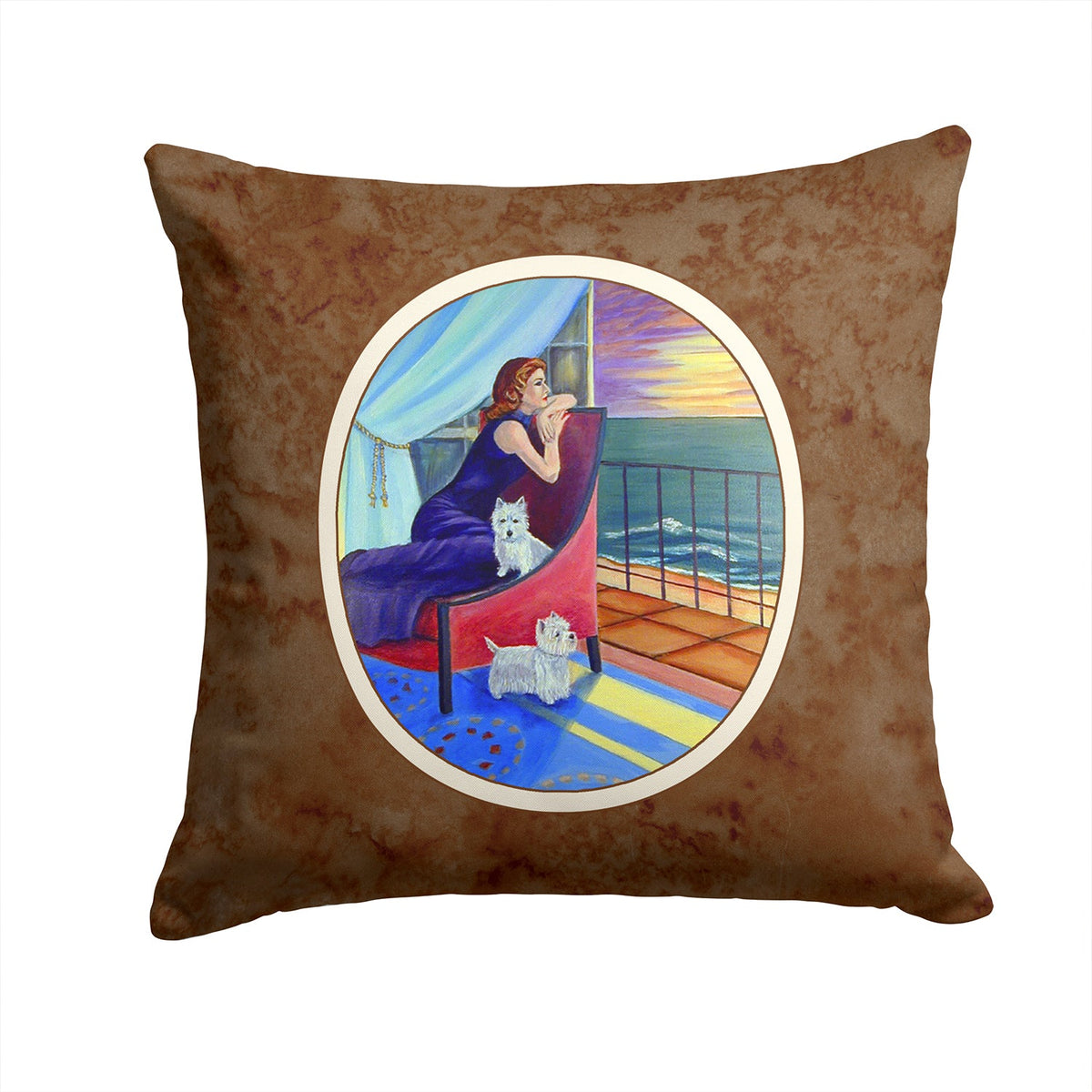 Lady with her Westie Decorative Throw Pillow 14x14 Indoor Outdoor Accent Cushion, Fabric Cover with Insert for Sofa, Bed, Porch & Living Room