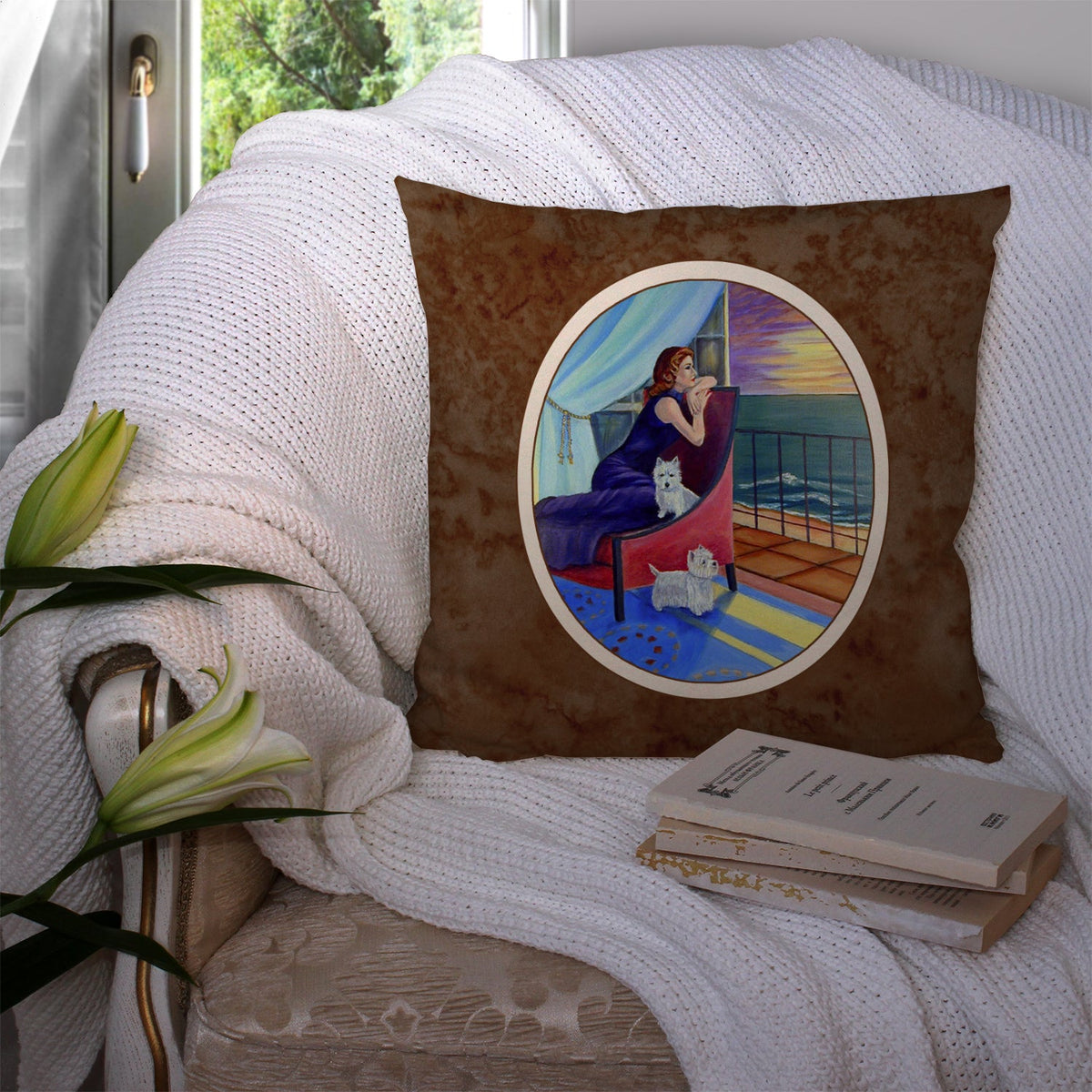 Lady with her Westie Decorative Throw Pillow 14x14 Indoor Outdoor Accent Cushion, Fabric Cover with Insert for Sofa, Bed, Porch & Living Room