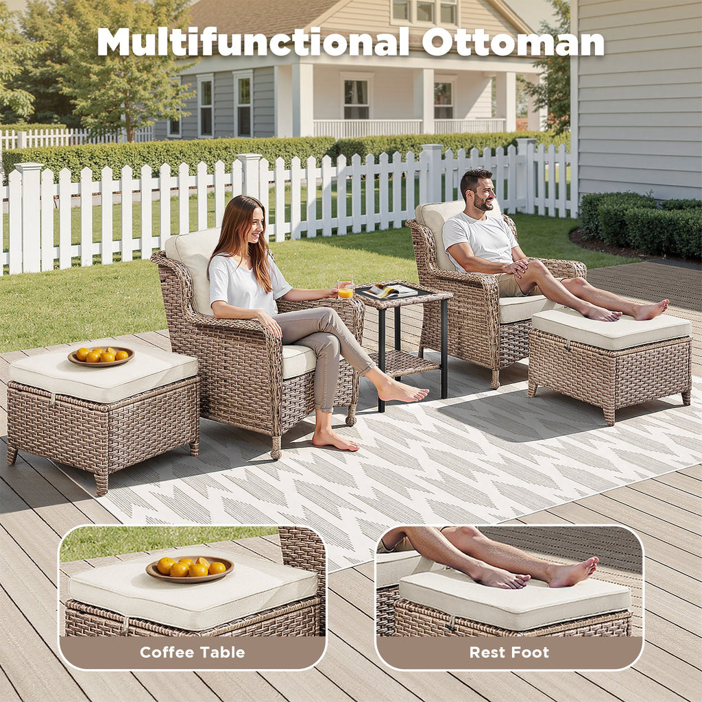 5-Piece Outdoor Lounge Chairs Set with Cushions and Side Table - Beige or Blue