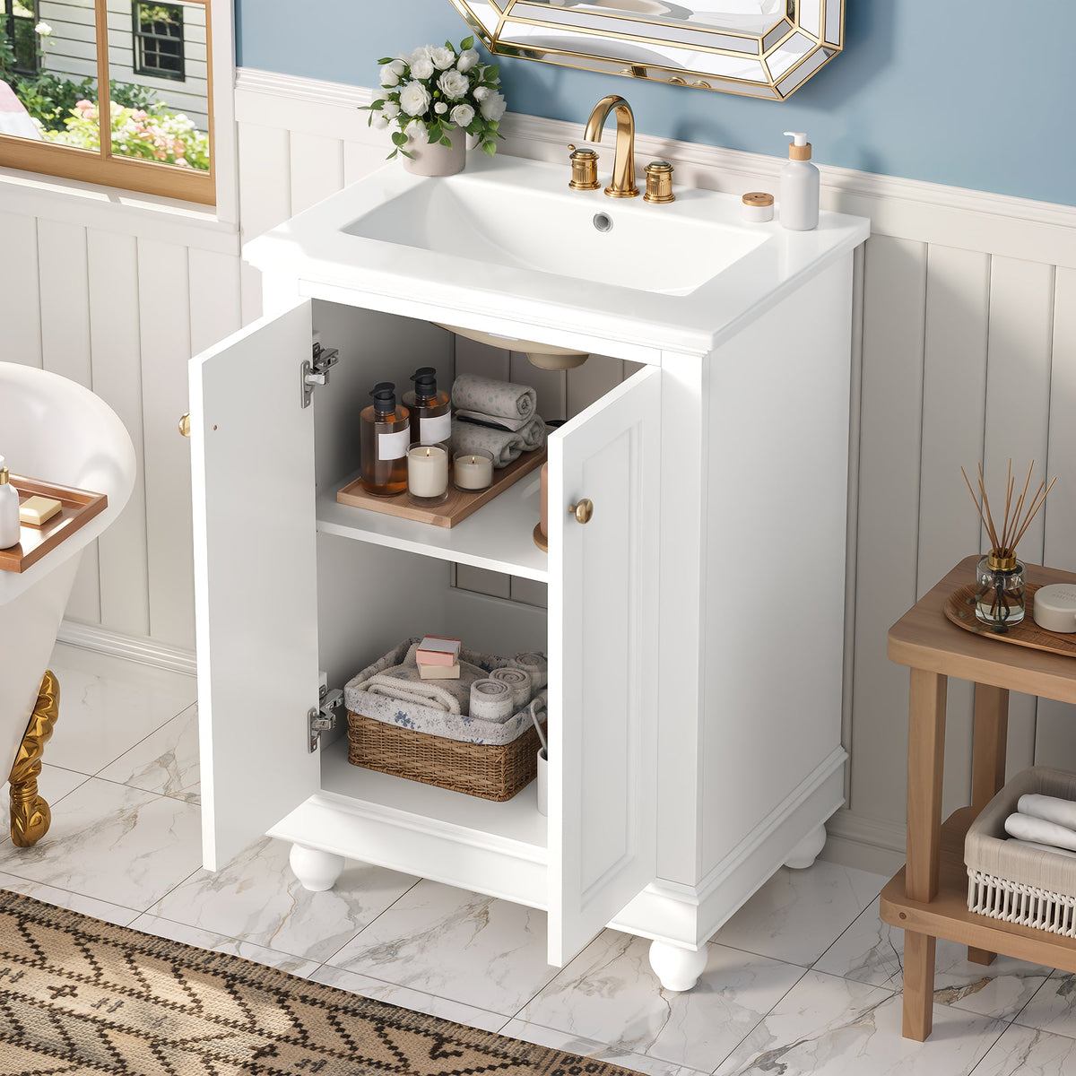 24 Inch Modern Bathroom Vanity Cabinet with Ceramic Sink - White, Blue, Green