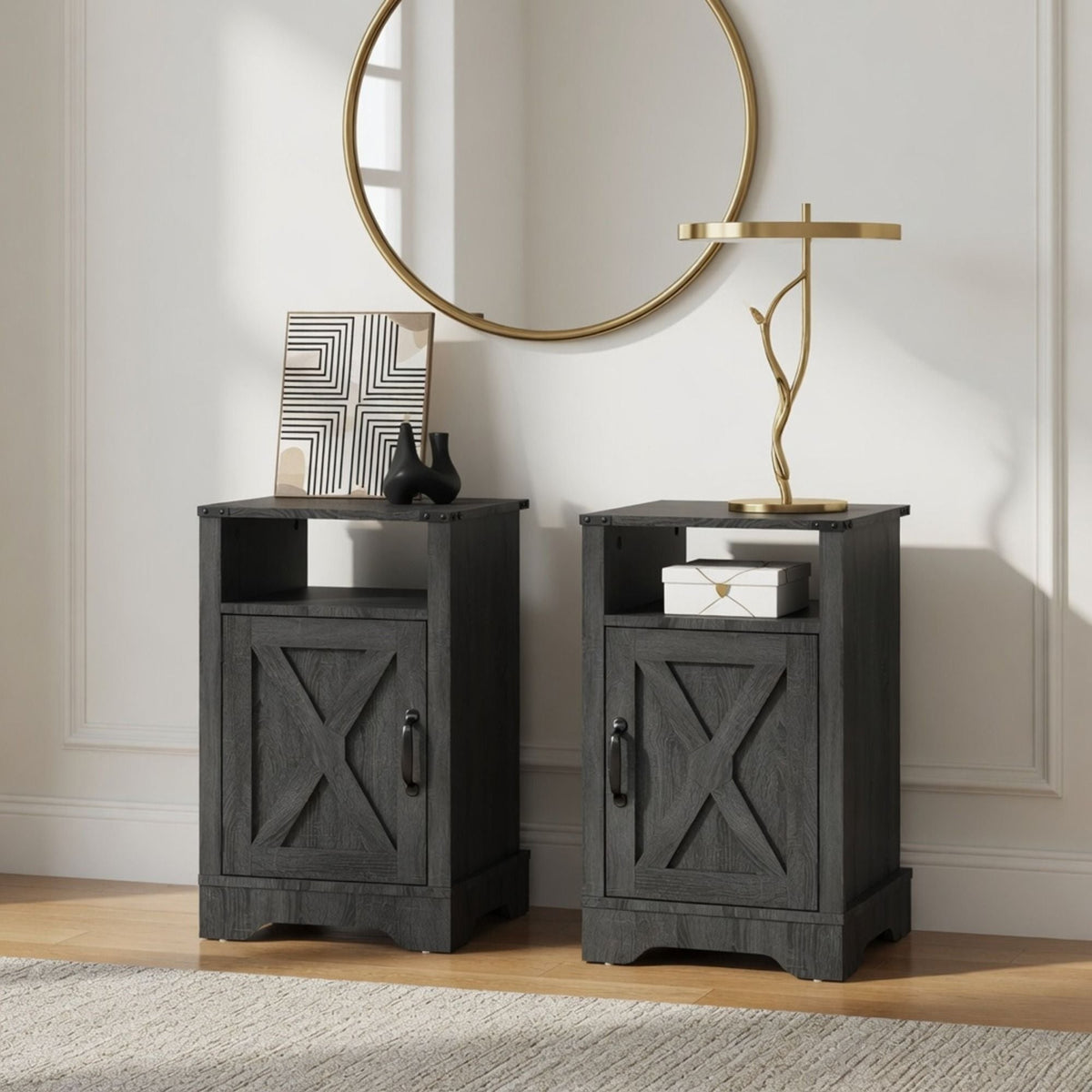 Farmhouse Nightstand with Charging Station & Storage - Multiple Colors