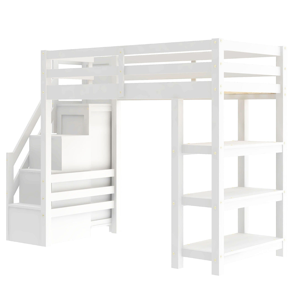 Loft Bed With 4 Layer Shelves, Storage Staircase, Small Wardrobe And LED Light